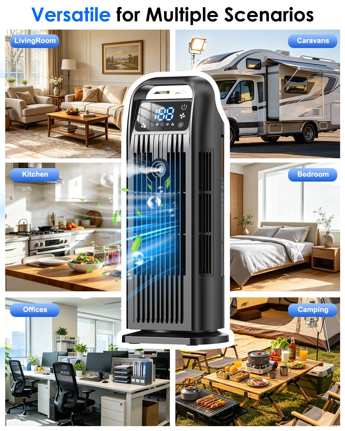 Climatiseur Mobile 6 en 1, Climatiseur Portable Silencieux avec Refroidisseur d'air 1200ml, 120°Oscillation, 1-12H Minuteries, 4 Vitesses, Touches Tactiles et Télécommande (Noir minuit)