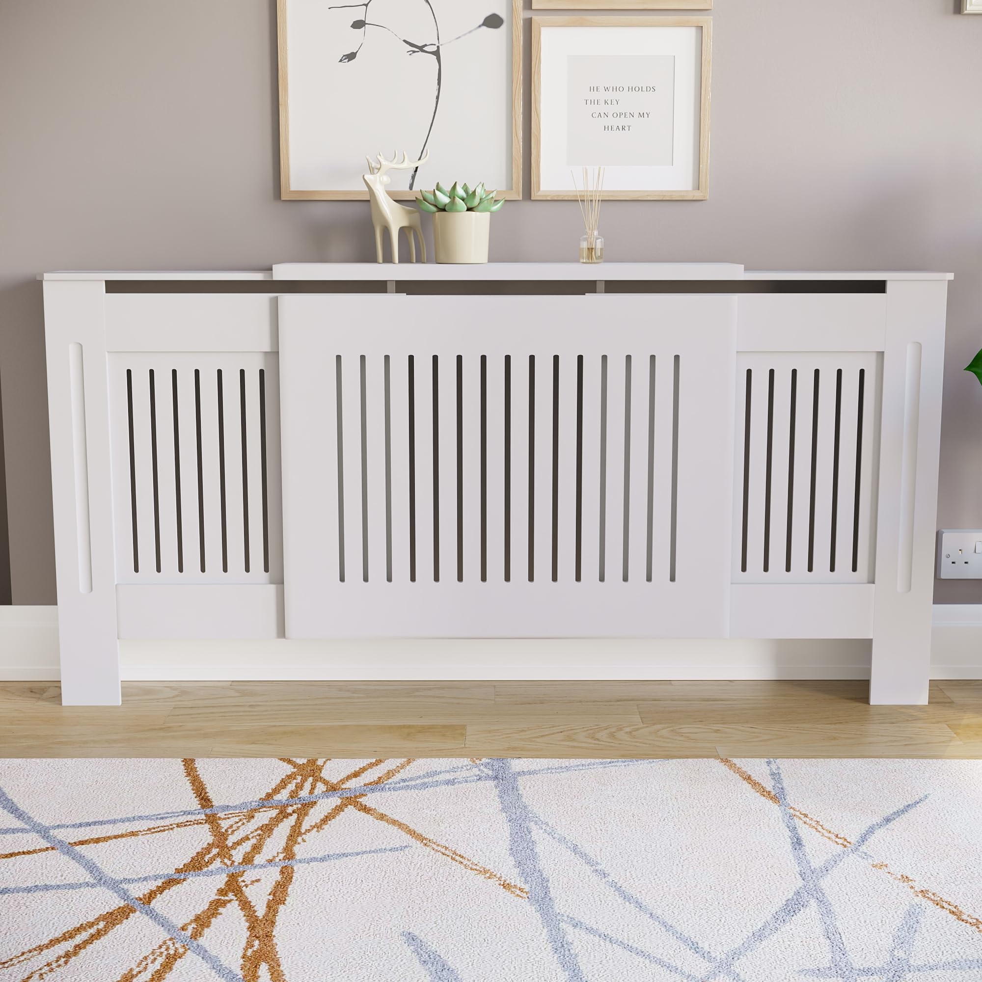 Vida Designs Chelsea Cubierta de radiador Blanco - Ajustable - Lamas Verticales Modernas para Mejor circulación del Calor - H82xW140-204xD20.5cm - MDF Pintado para salón y Pasillo