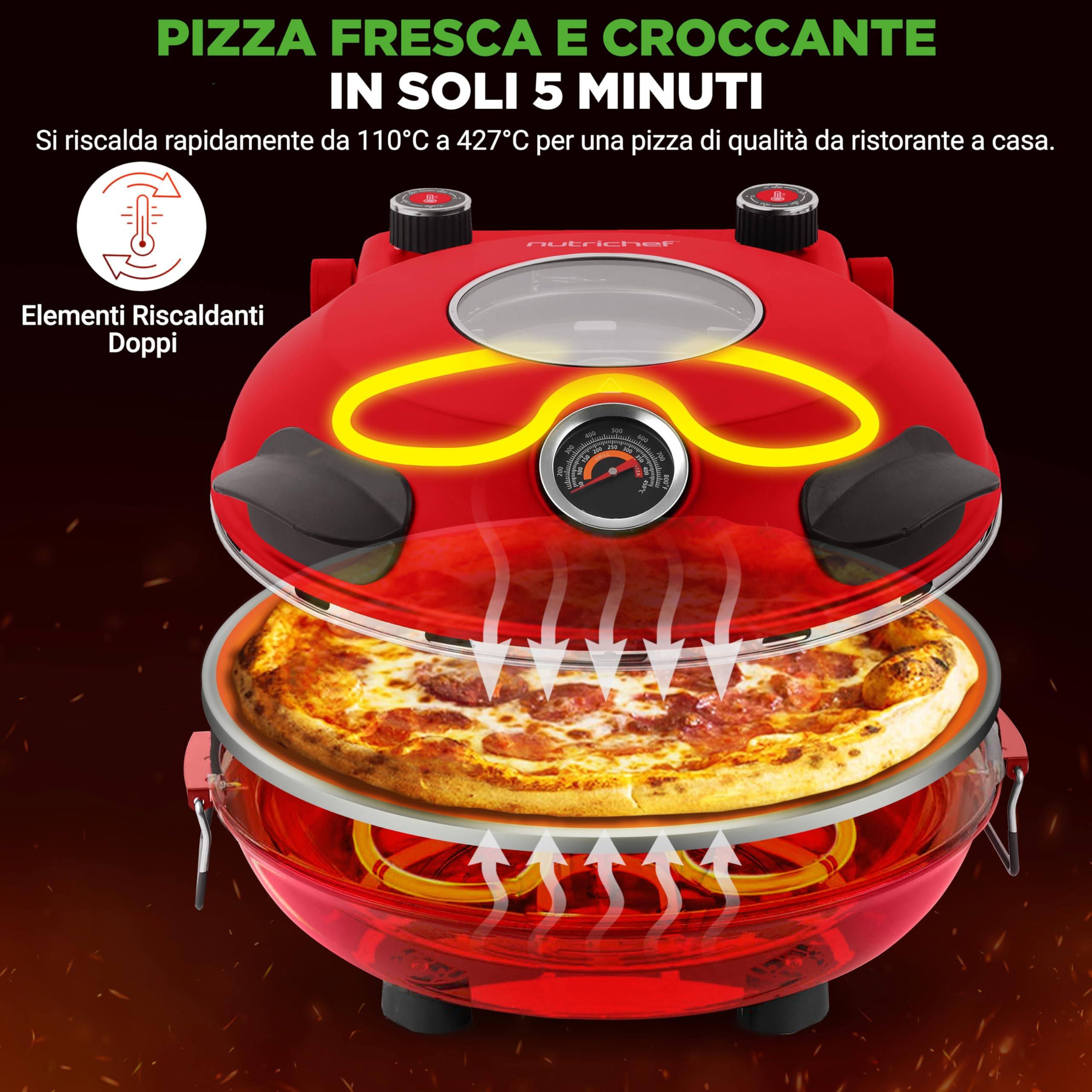 NutriChef Forno Pizza Elettrico 30 cm con Termometro e Controllo Temperatura, Pietra Antiaderente Fino a 427 °C, per Pizza Fatta in Casa Croccante e Surgelata, per Pizzaiolo e Pizzeria, Rosso