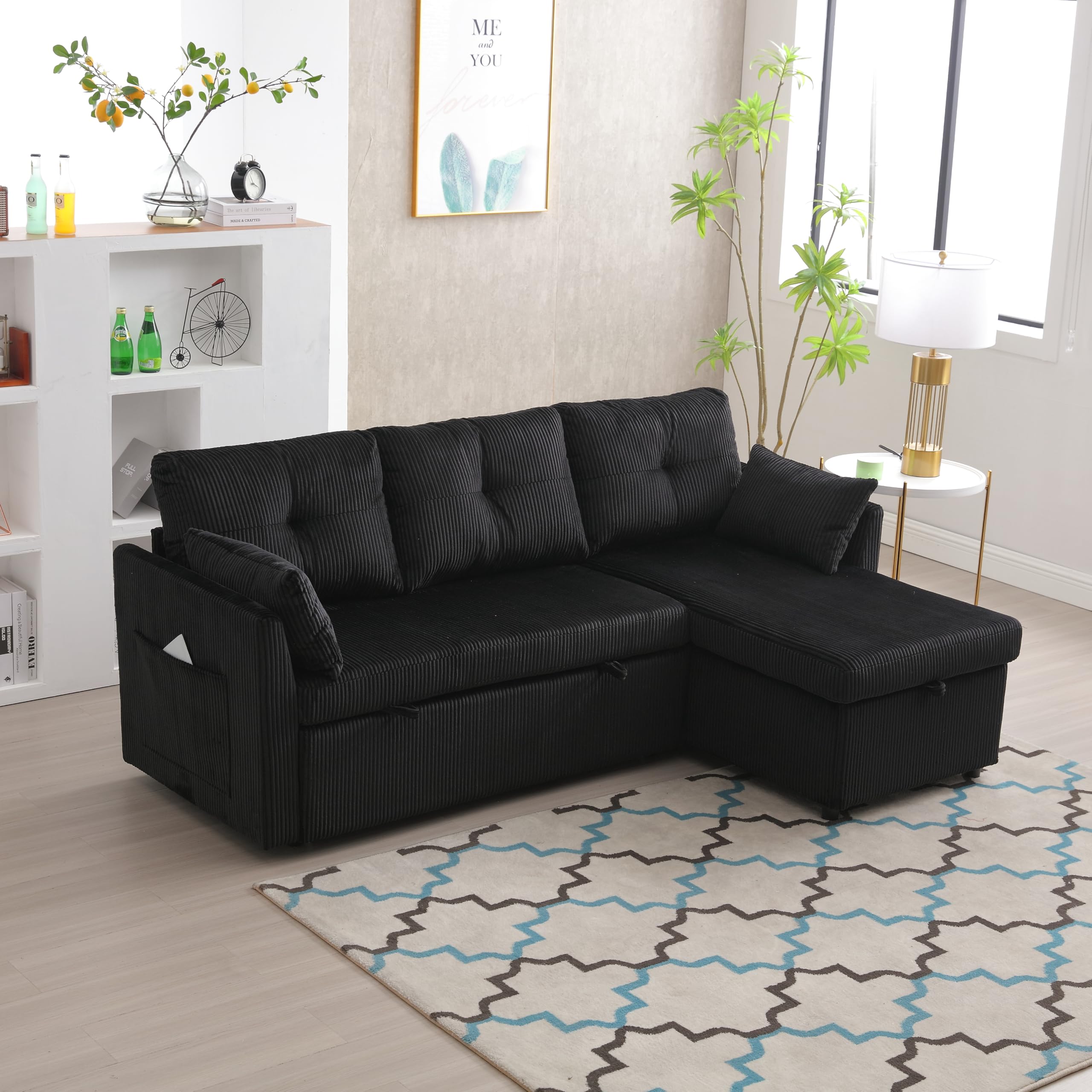3 Seater Sofa Bed, 3 in 1 Pull Out Sofa with Storage Chaise, Sectional Sleeper Sofas in Corduroy, L Shape Convertible Couch for Living Room, Apartment, Black