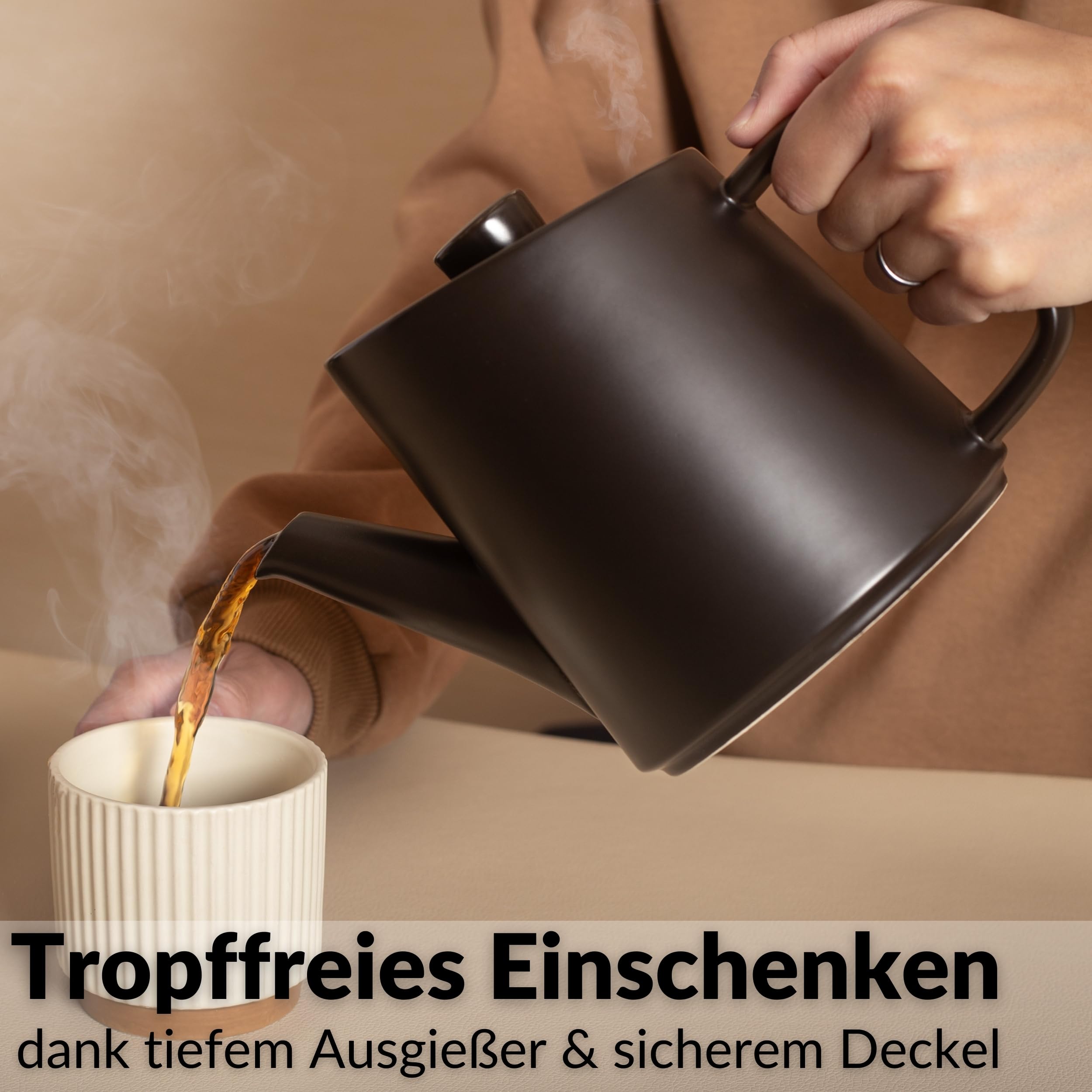 DEKAZIA® Keramik Teekanne mit Siebeinsatz und Stövchen Set - Großer Teapot für losen Tee, 1,2L Porzellan Kanne mit Edelstahl Filter und Teelicht Wärmer Schwarz Steingut
