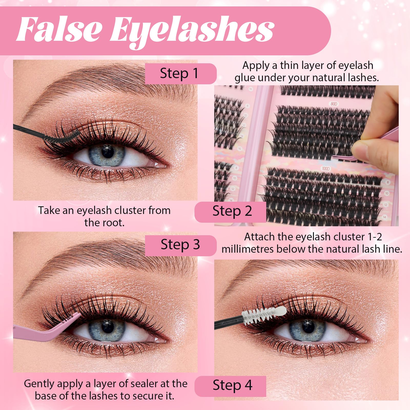 VEGCOO 590 Pezzi Ciglia Finte Ciuffetti, 20-40-50-60-80-100D Lash Cluster, Kit Ciglia Extension D Curl 8-16mm, DIY Eyelash Extension per Ragazze e Donne Principianti