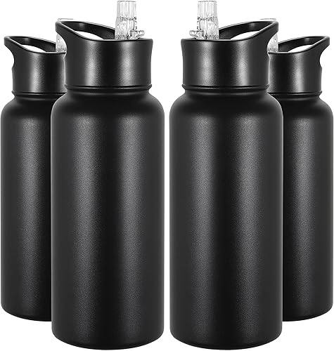 VEGOND Botella de agua aislada de 32 onzas, botellas de agua metálicas de acero inoxidable a granel con tapa de popote a prueba de fugas y tapa de