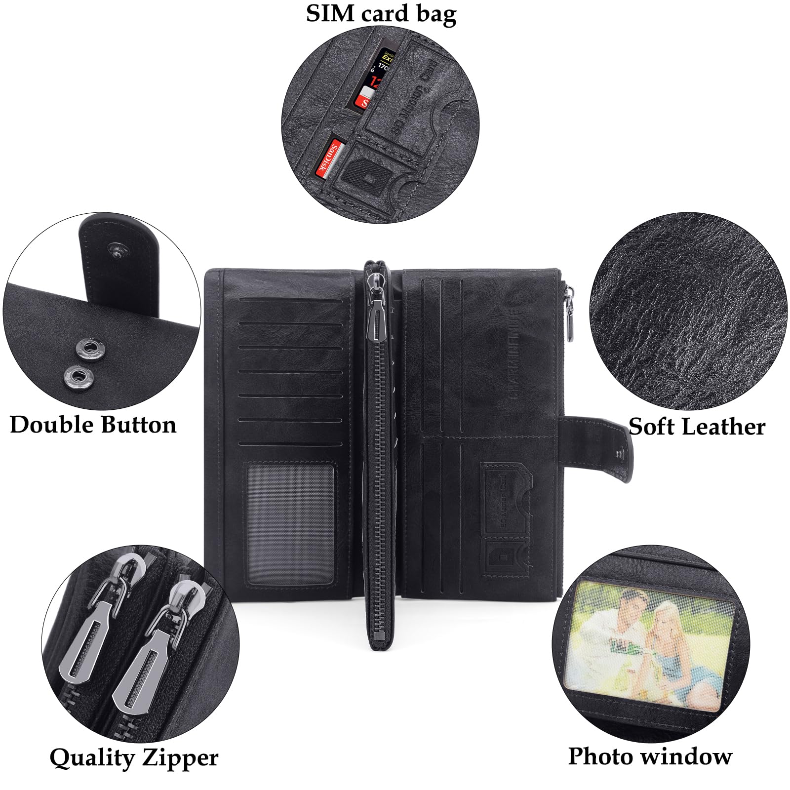 REETEE Carteras de Mujer Grande Cuero PU Monedero Muje Carteras Bloqueo RFID Largo Billetera 2 Grand Bolsillo con Cremallera para Monedas con 23 Ranuras Tarjetas (Negro)