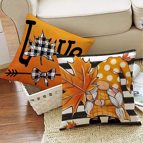 Miniatura 4 de Juego de 4 fundas de almohada decorativas de otoño con diseño de hojas de arce y calabaza de 20 x 20 pulgadas, diseño de gnomo con diseño de rayas
