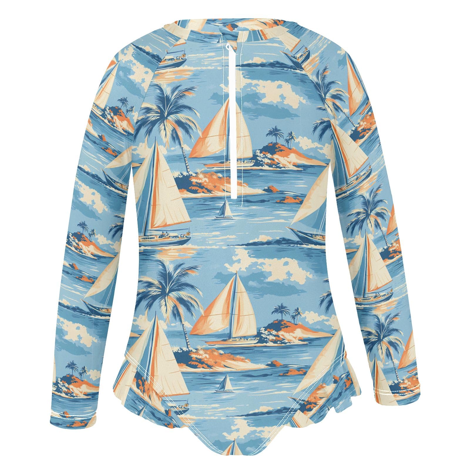 ALAZA Toddler Swimsuit Girl Bathing Suit Swimwear Rash Guard Sailboat Palm Sea Wave Long Sleeve 3T