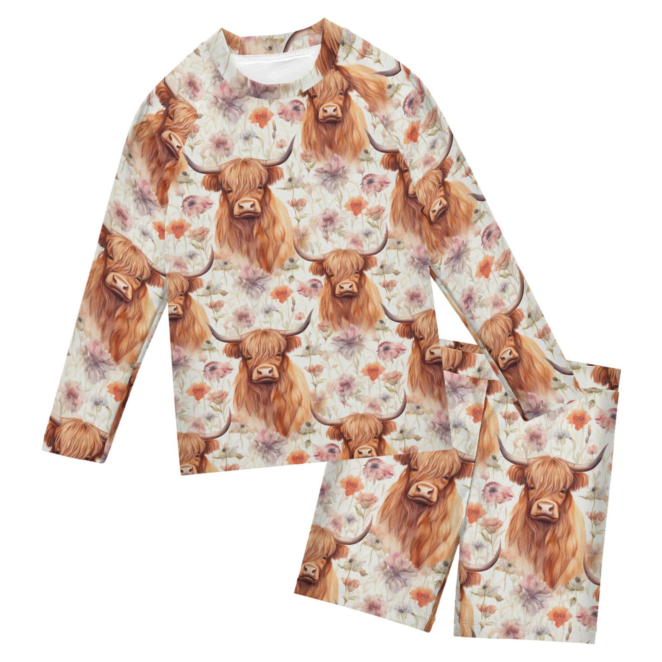 Highland Cow Flowers Animal Baby Boys' Toddler Long Sleeved Rashguard Swim Bathing Suit Set B0403275