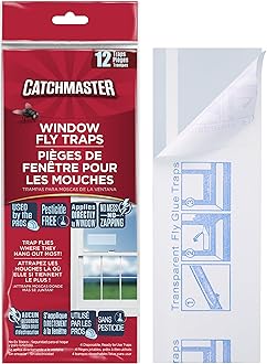 Catchmaster Window Fly Traps by - 12 Count, Ready to Use Indoors. Insect, Bugs, Fly & Fruit Fly Glue Adhesive Sticky Paper - Waterproof Easy Application Ready Disposable Non-Toxic