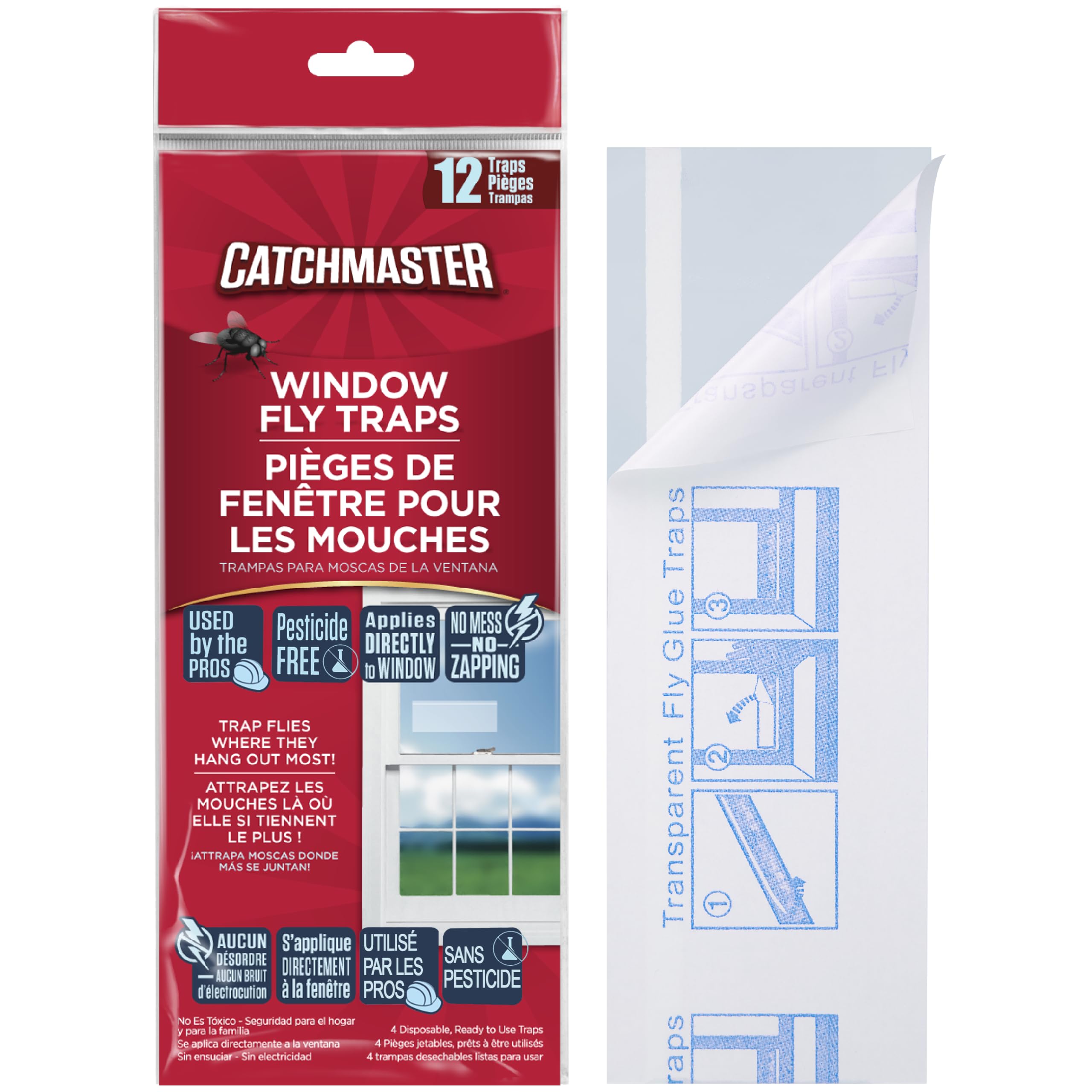 Catchmaster Window Fly Traps 12-Pack, Fruit Fly Traps for Indoors, Disposable Bulk Bug Catcher, Waterproof Insect Glue Trap, Adhesive Strips, Pest Control for Home, Kitchen, & Garage