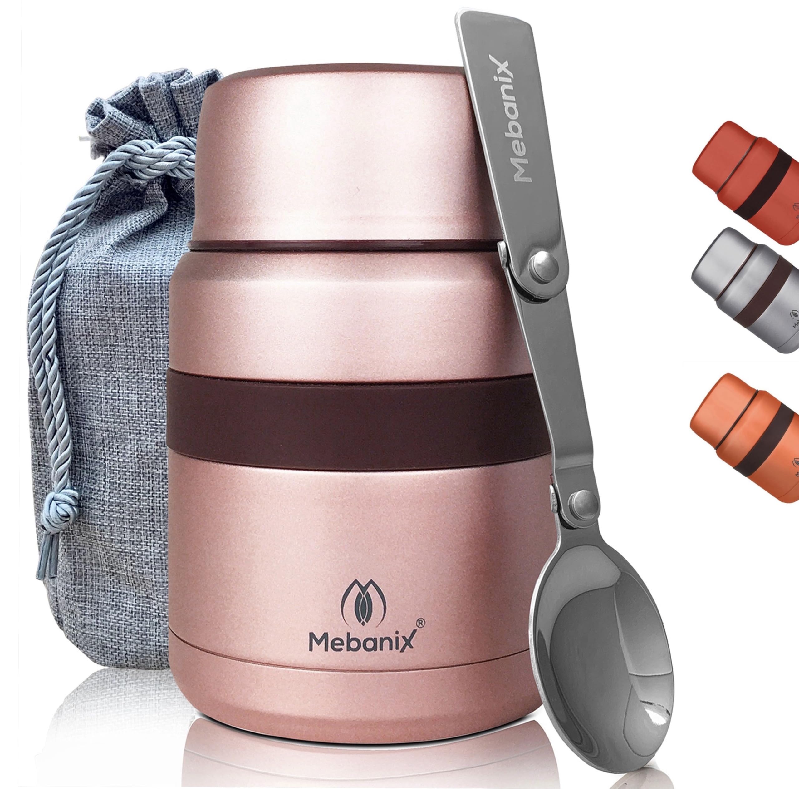 Food Flask for Hot Food, Soup | 400ml Stainless Steel Double Walled Vacuum Insulated Leakproof Jar with Folding Spoon | BPA Free | 6 hrs hot 10 hrs cold | For Adults and Kids. Pink.