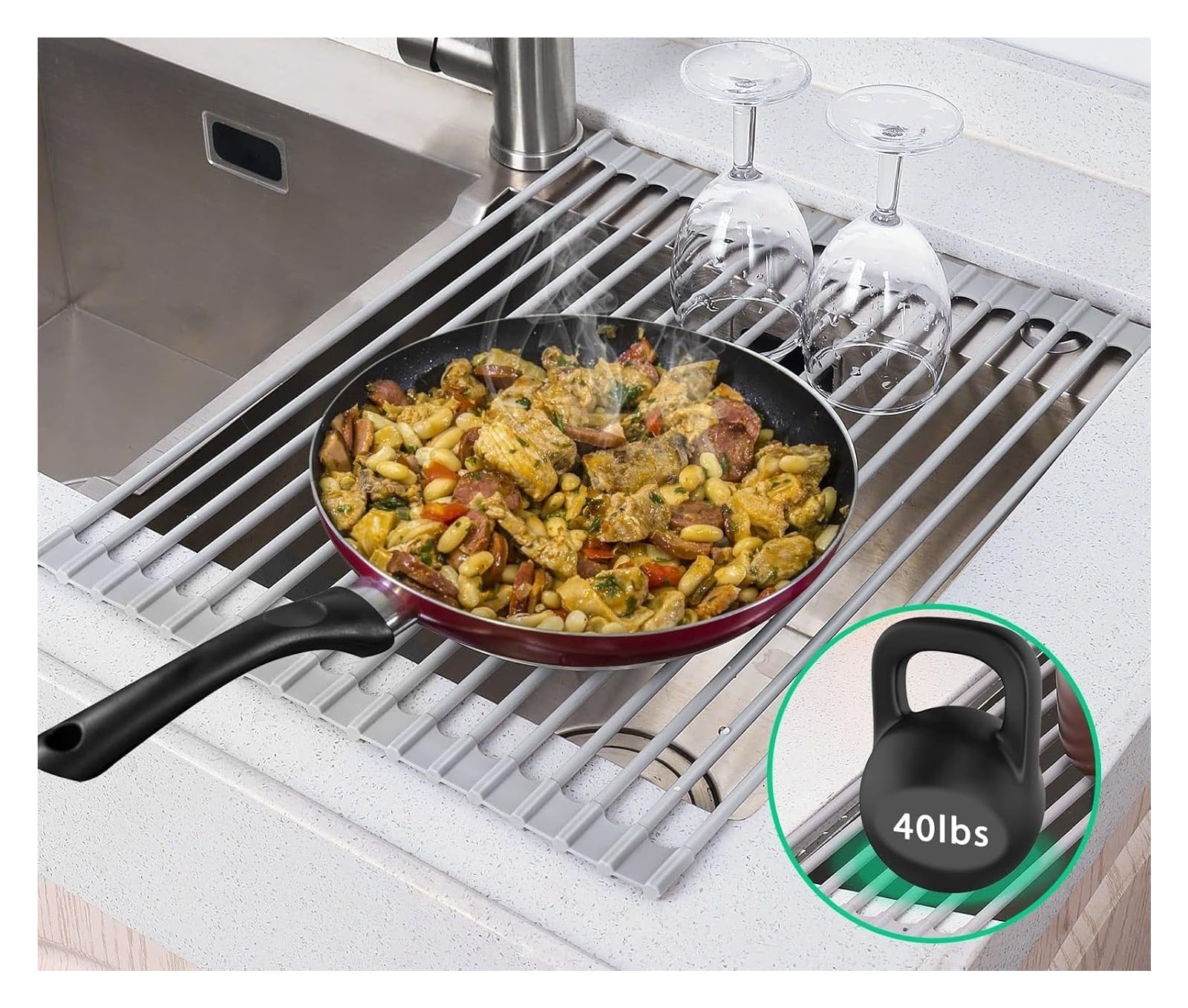 Scolapiatti pieghevole in silicone con rivestimento in acciaio inox, portatile, salvaspazio, facile da riporre, pieghevole, per uso domestico e in viaggio