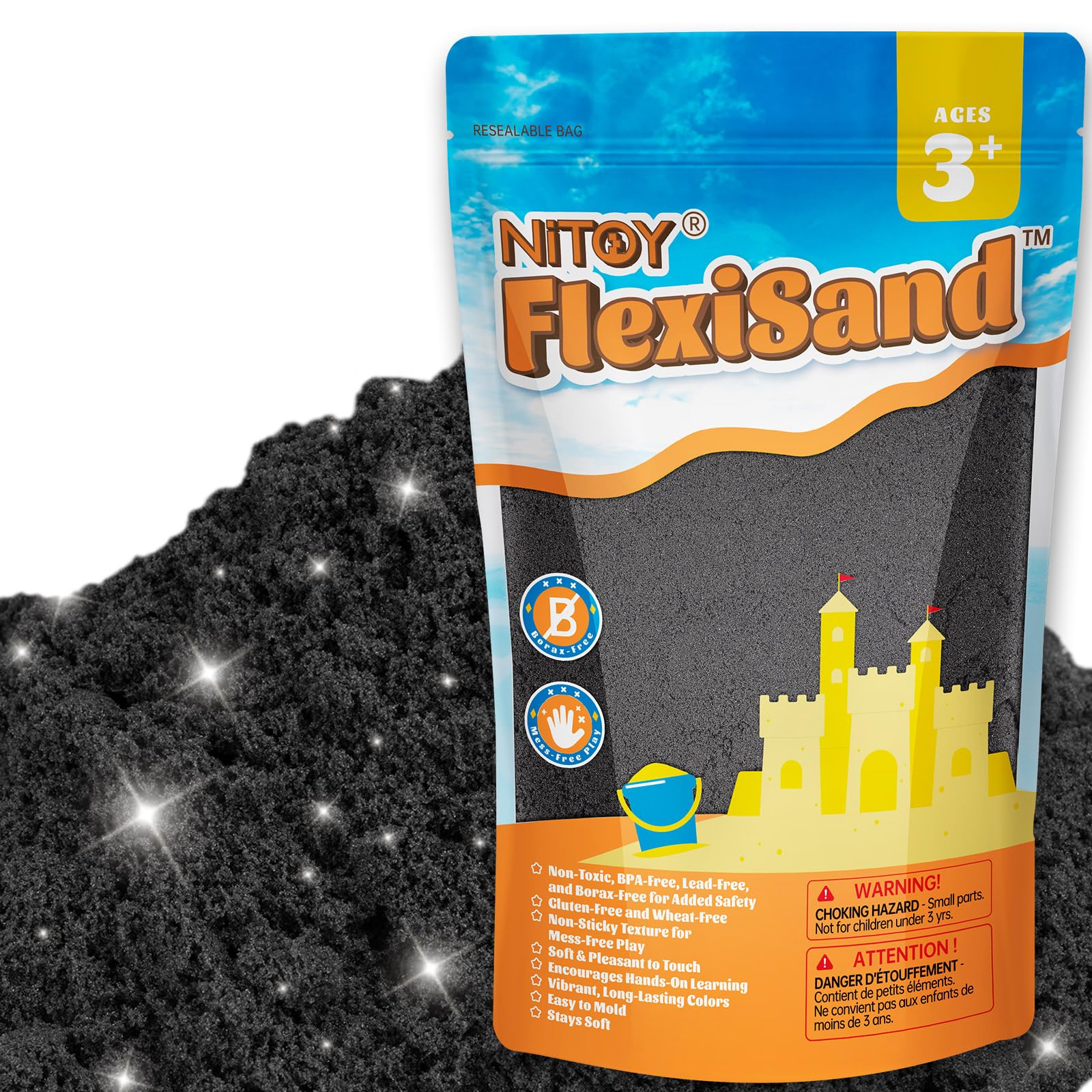 NiToy Play Sand, FlexiSand Value Pack Colored Moldable Self-Sticking Sand, Never Dries Out Fun for 3 Years and Up Kids, Bulk Refill for Sensory Sand Box Toys, Ideal for Shaping (2.2lbs, Black)