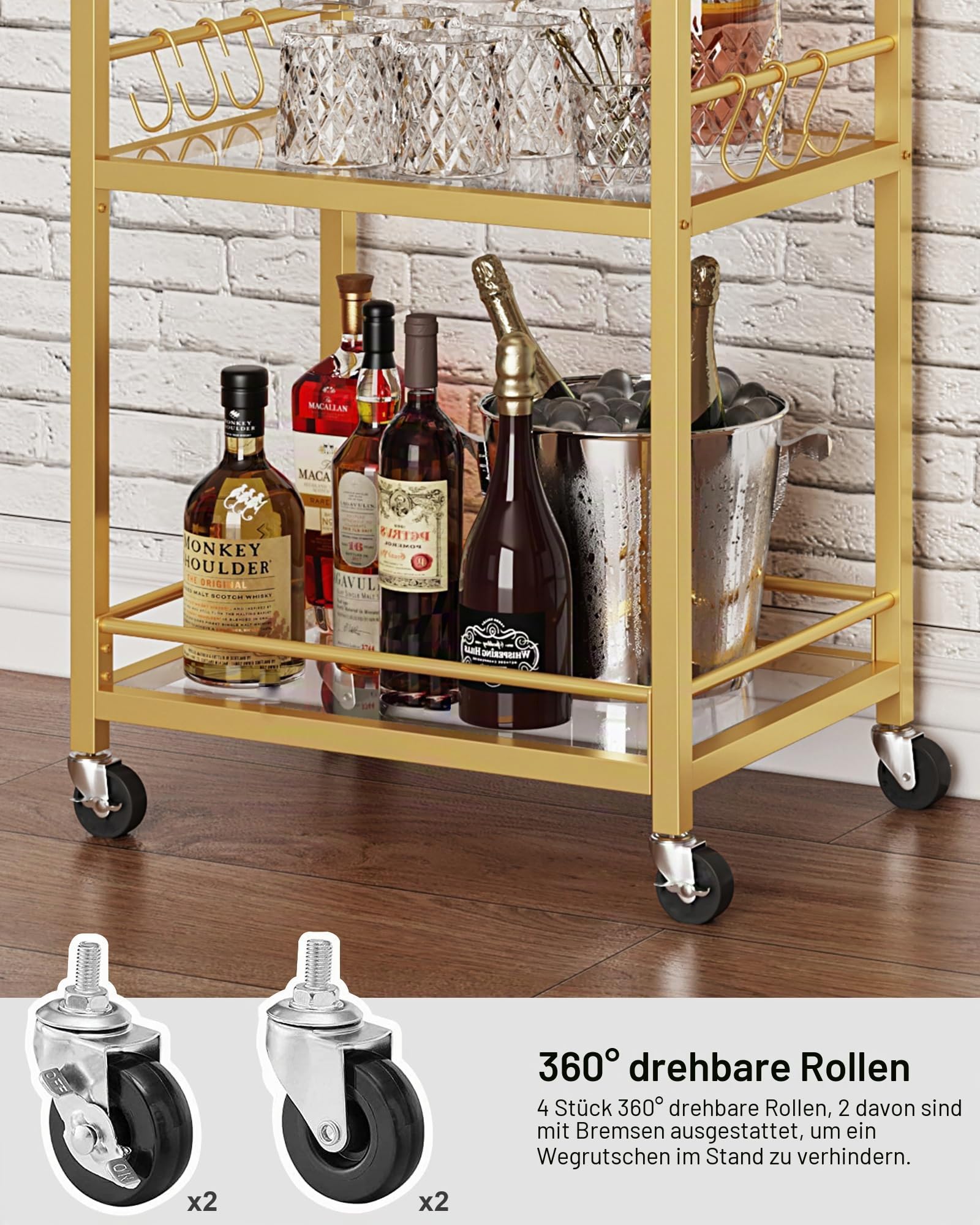 TUTOTAK Barwagen Home Bar Servierwagen mit Mikrowelle und Getränkehalterungen 3-Ebenen-Glaspfandleger Weinhalter Rollendes Küchenregal Gold BC01BB034