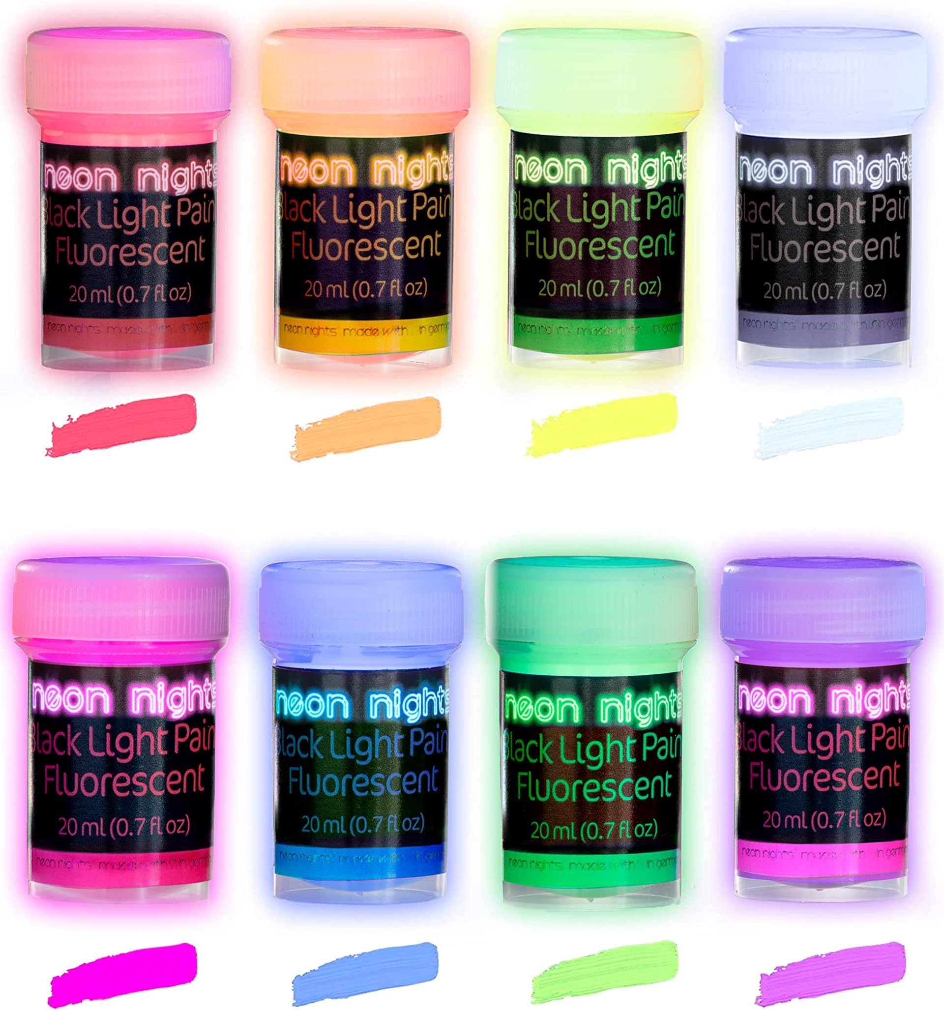 Neon Nights Glow in the Dark Paint - Set of 8, 20 mL Acrylic Paints for Outdoor and Indoor Painting on Canvas & Walls - Gifts for Artists - Blacklight & UV Active