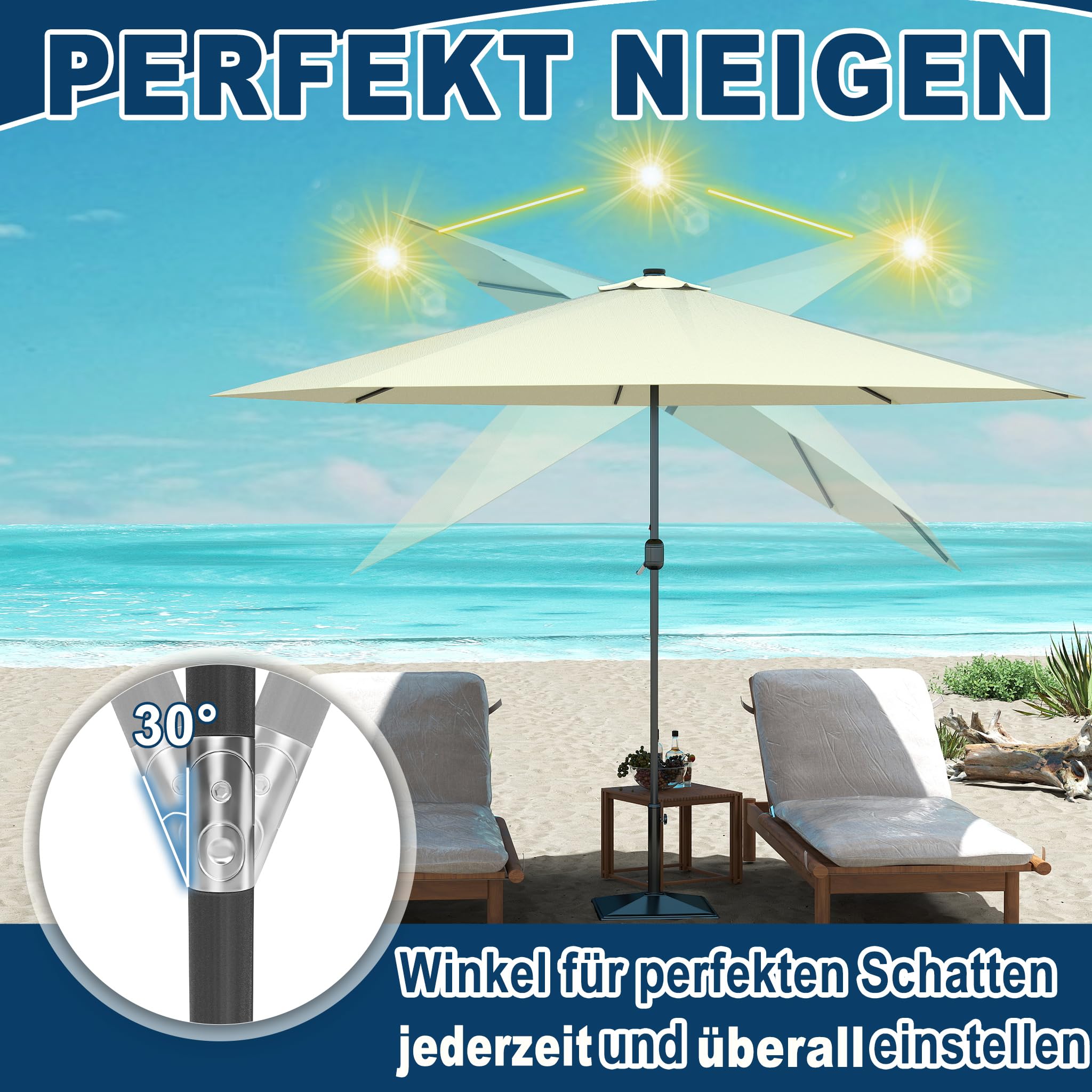 Froadp Ø350cm Sombrilla de Jardín de Protección UV, Paragua de Playa Octogonal con Mango, Equipo Portátil de Sombreado para Exteriores para Balcón Terraza Piscina Patio (Beige)