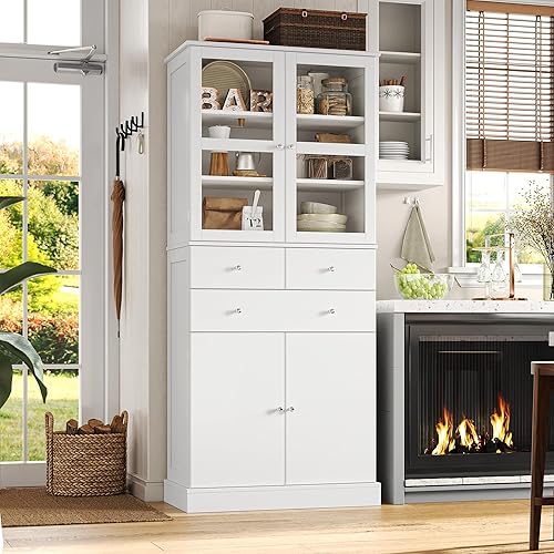HOSTACK 71" Tall Kitchen Pantry Storage Cabinet, Freestanding Bar Cabinet with Glass Doors and Shelves, Hutch Cabinet with 2 Drawers, Cupboard for Living Room, Dining Room, White