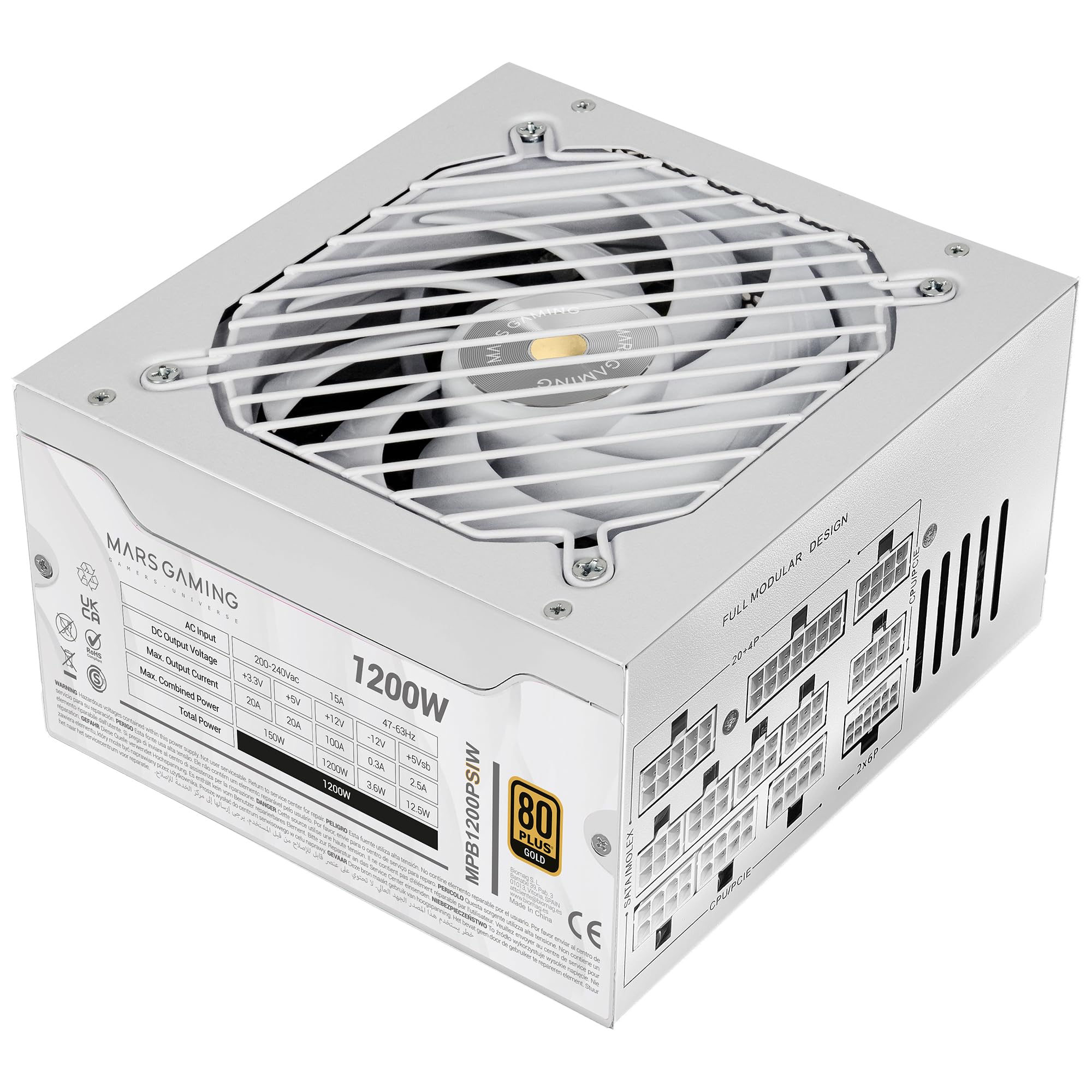 Alimentatore Mars Gaming MPB1200PSI 1200W, 80 Plus Gold, Modulare, Bianco