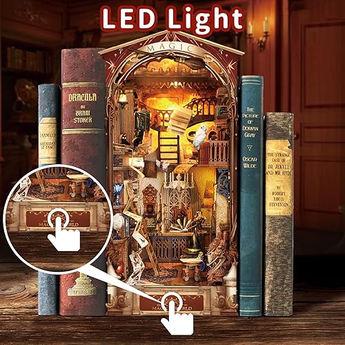 Miniatura 2 de Kit de rincón de libros, rompecabezas de madera 3D, decoración de estantería con libro mágico LED