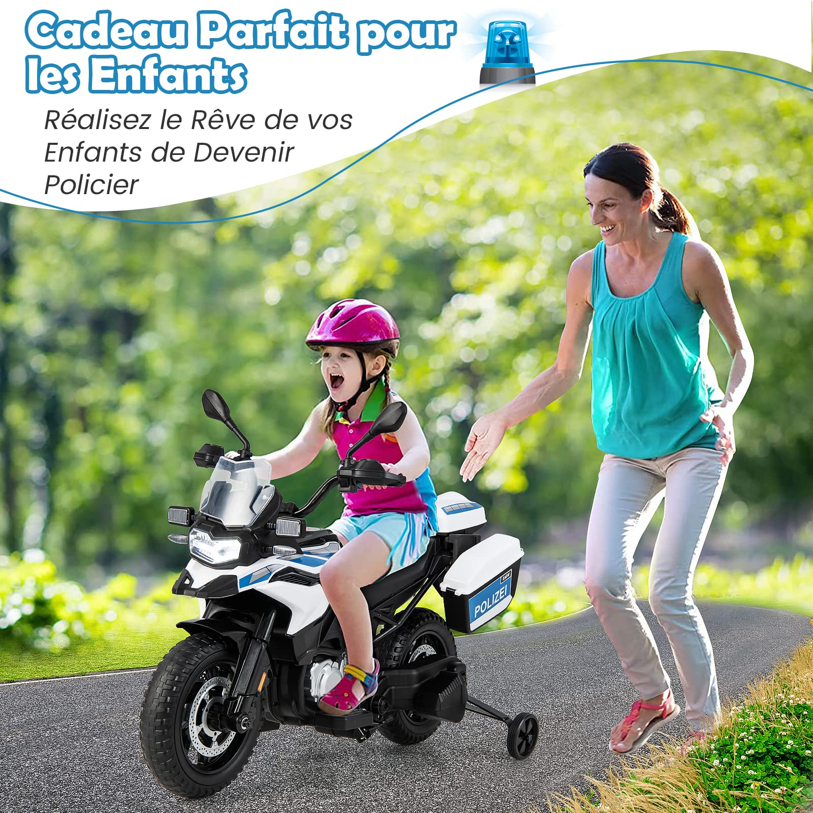 COSTWAY Moto Électrique pour Enfants 12V 6km/h avec 2 Roues Détachables, Moto Police avec 2 Coffre à Jouets, Musique, USB, Klaxon, Sirène, pour Enfant 3 à 8 Ans, 110x63x82,5cm (Blanc)