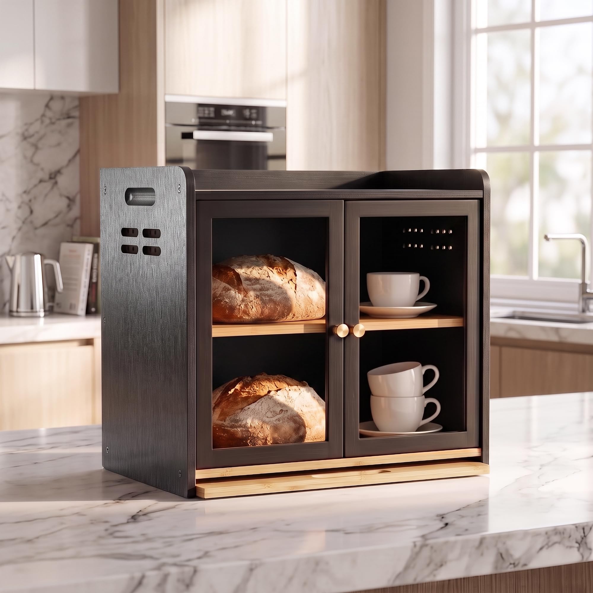 ADEL DREAM Bambus Küchen Organizer mit Brotschrank, Schneidebrett&Klare Tür