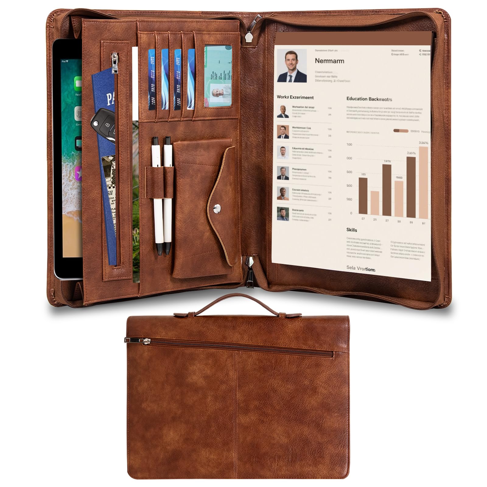 Calfinder Porte-documents A4 en cuir synthétique de qualité supérieure avec poignée de transport, porte-documents avec fermeture éclair, pour le travail quotidien ou les réunions, marron rétro