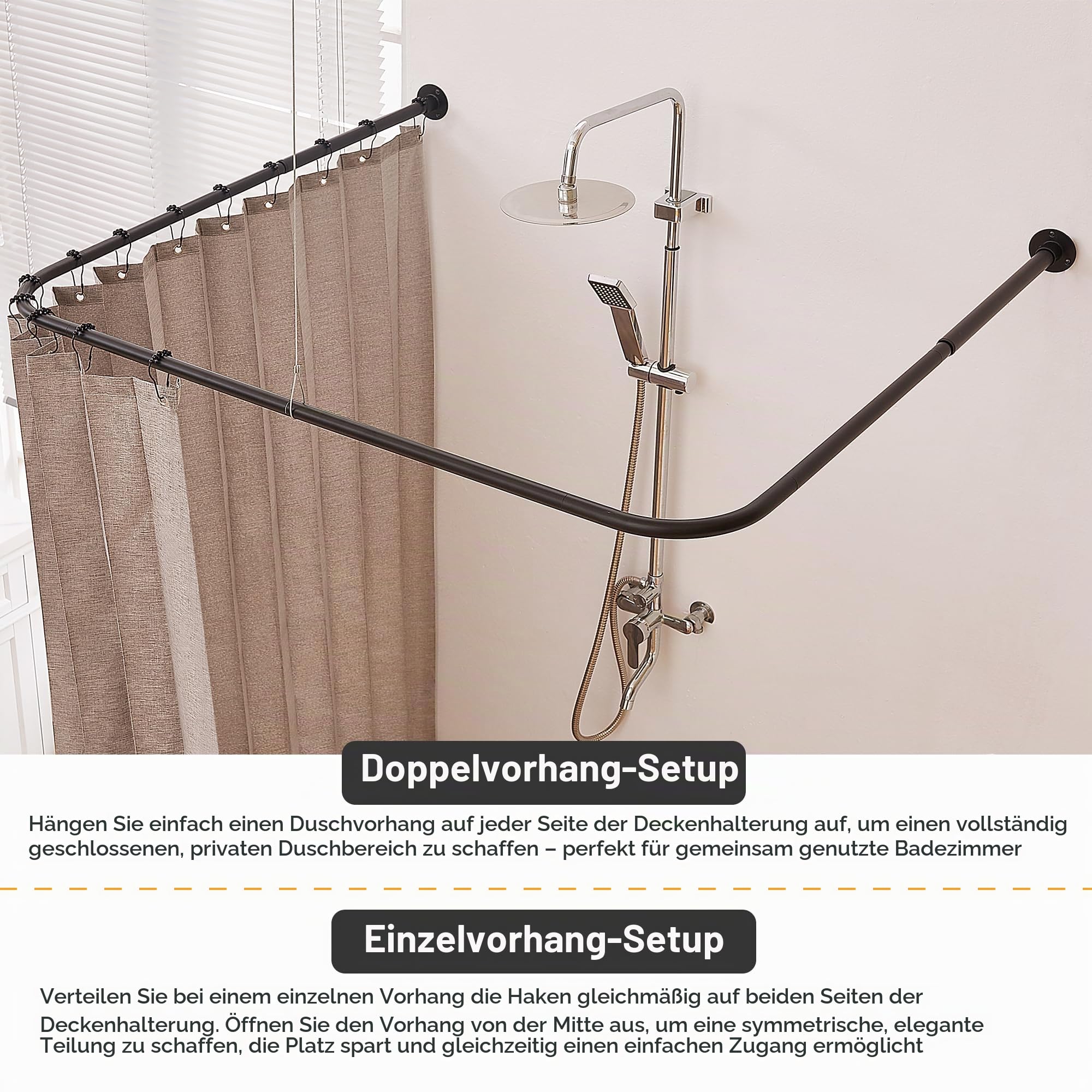 Duschvorhangstange U Form [Seiten: 60-132 cm, Mitte: 79-119 cm] Verstellbare Eckduschstange Duschstange für Badewanne, Dusche & Außenbereich mit 12 Haken & Deckenstütze