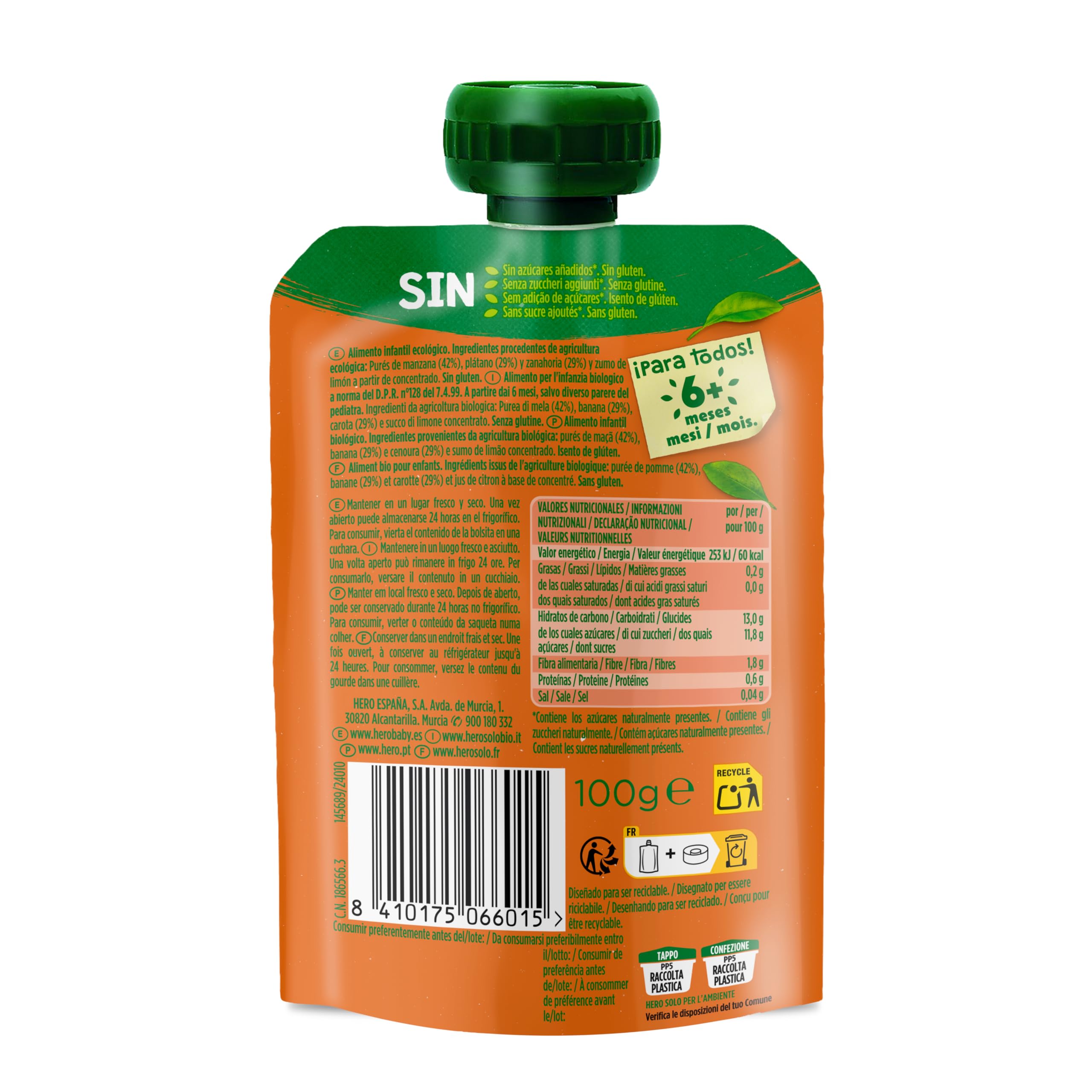 Hero Solo Bolsitas Ecológicas de Manzana, Plátano y Zanahoria BIO para Bebés 6 Meses 100g