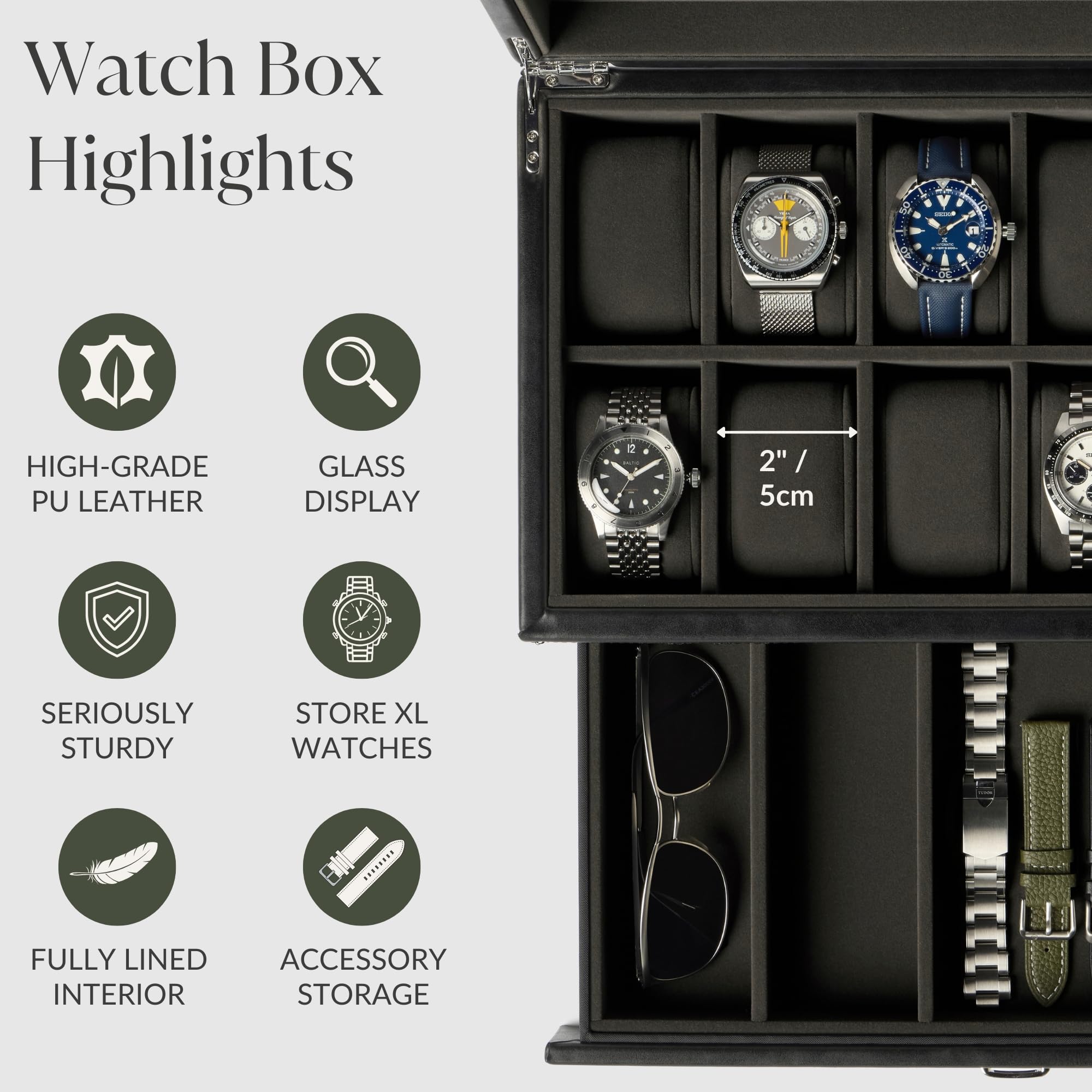TAWBURY Caja de reloj de 12 ranuras con cajón de almacenamiento, caja de reloj de piel sintética negra de alta calidad para hombre, fácil apertura con una sola mano, interior de terciopelo de felpa