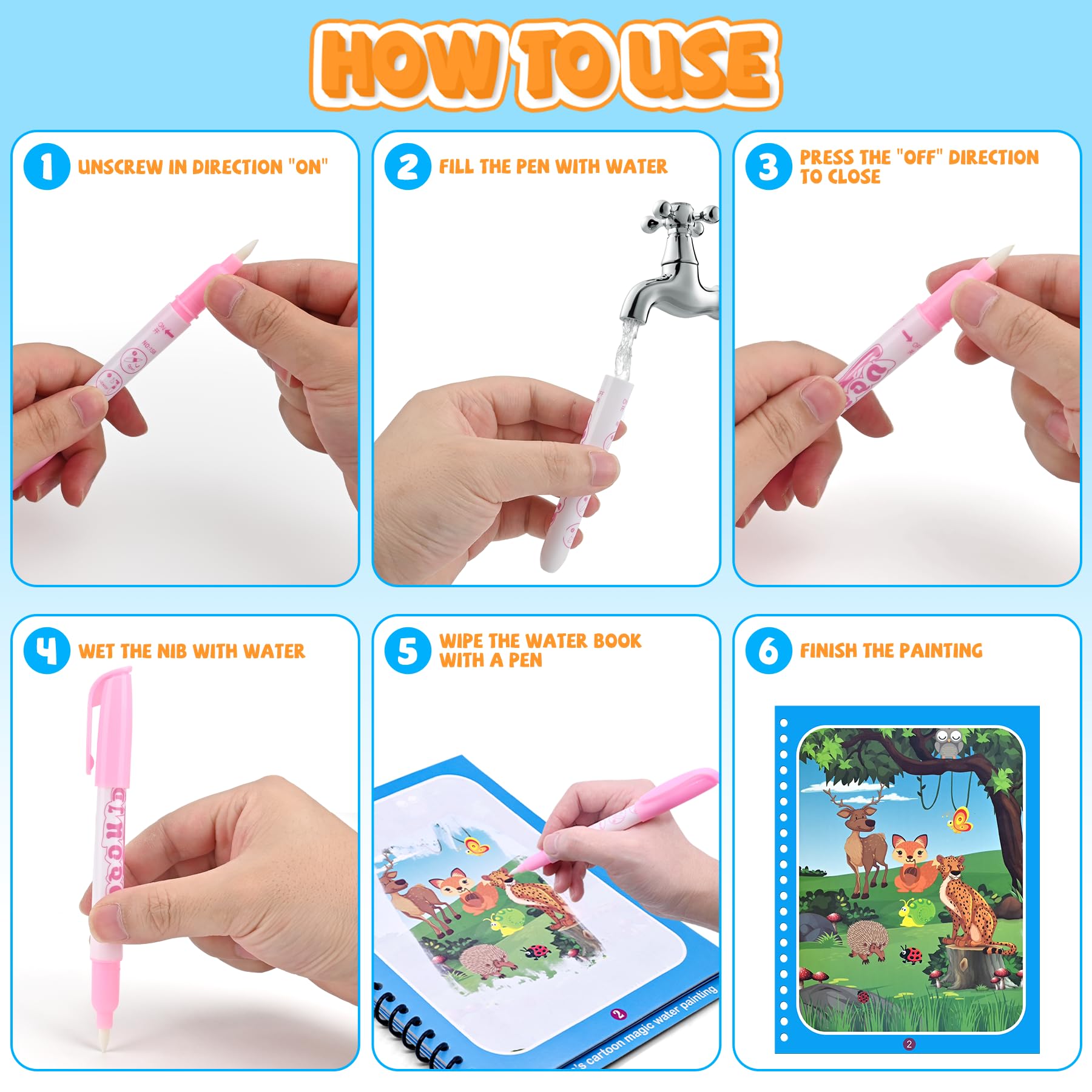 Damcyer 5 Pezzi Libro di Pittura ad Acqua per Bambini con 5 Penna Acqua, 5 Temi Riutilizzabile Magic Water Book, Libri ad Acqua da Colorare Bambini, Libro da Disegno ad Acqua per Bambini da 3 Anni, A