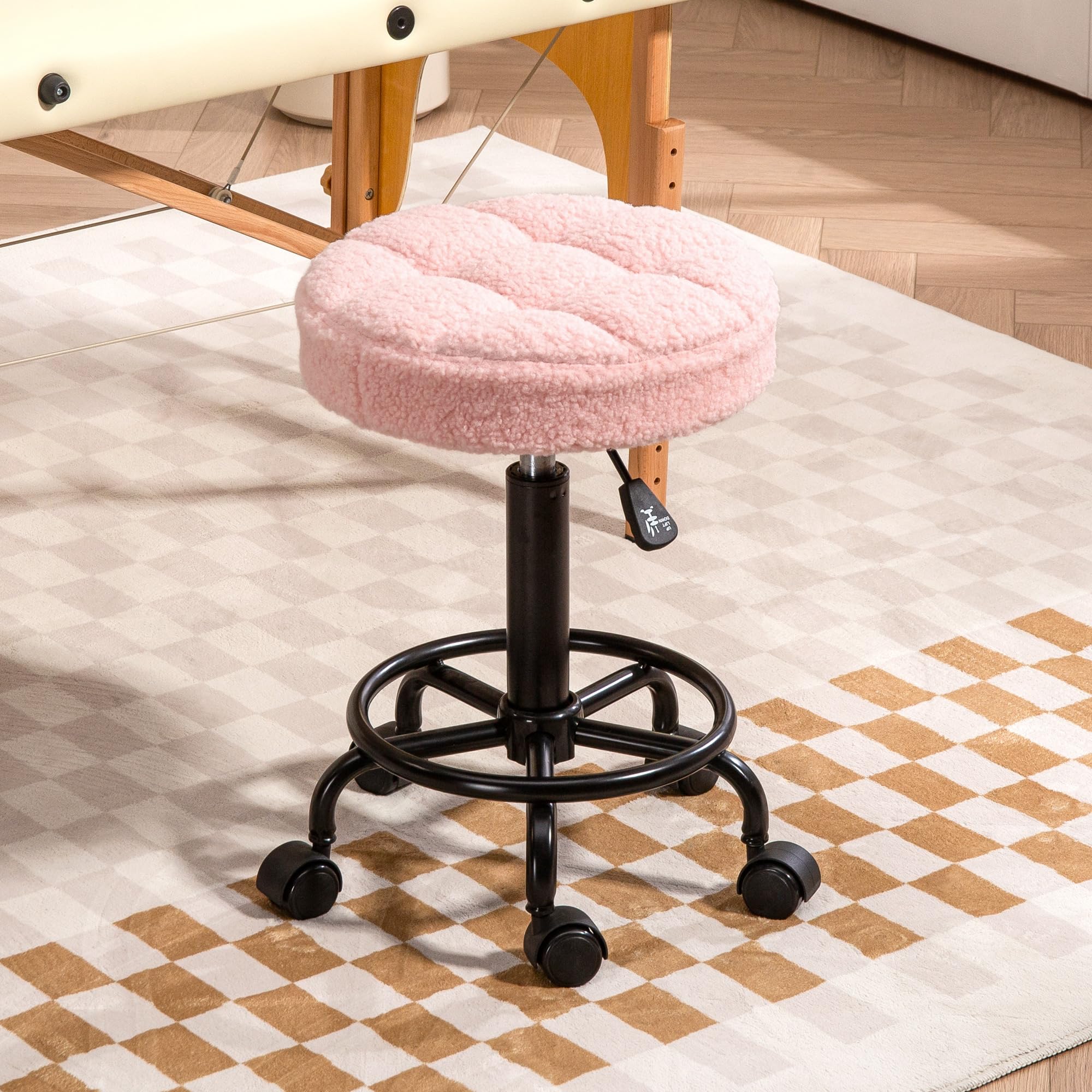 HOMCOM Taburete Giratorio Redondo Taburete con Ruedas Altura Regulable 50-66 cm Asiento Tapizado en Tejido de Borreguito para Salones Talleres SPA Masaje Rosa