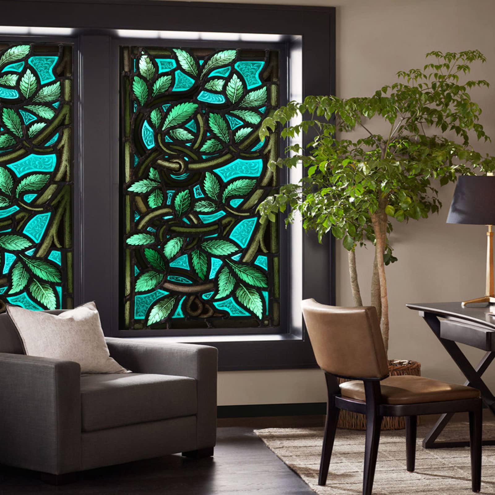 Fensterfolie Blickdicht Sichtschutzfolie, Sichtschutzfolie für Fenster im Vintage-Stil, Pfauenblau – dekorative Selbstklebende Lösung
