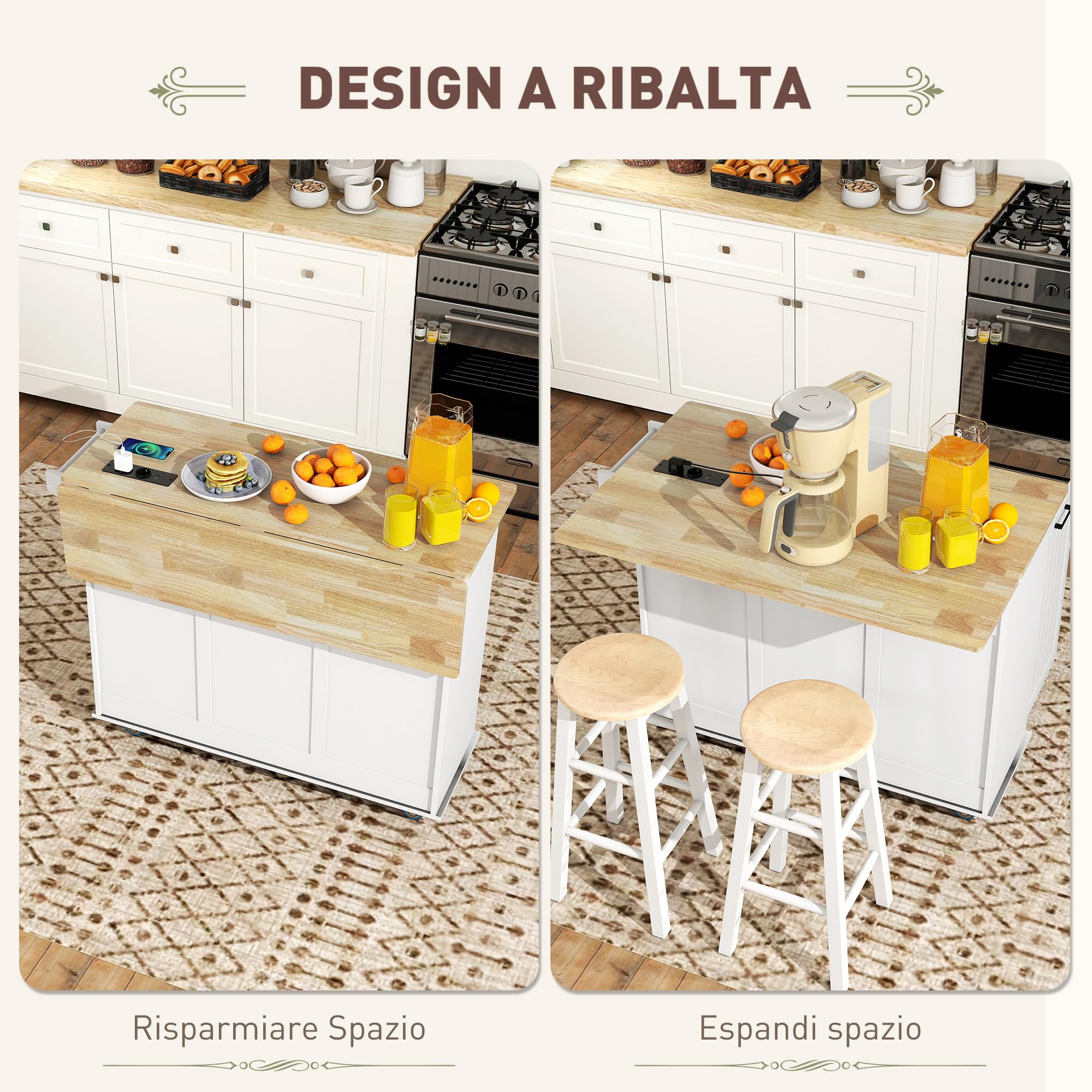 HOMCOM Isola Cucina con Ruote, Carrello Cucina con Stazione di Ricarica, Piano a Ribalta in Legno, Ripiani Regolabili, 2 Cassetti, Armadietto Estraibile, Portaspezie a Porta, Portasciugamani, Bianco