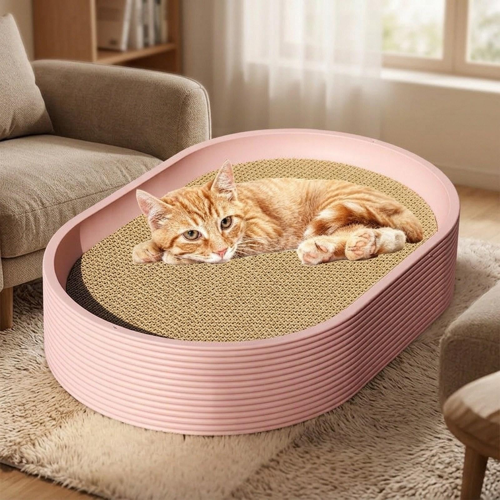 Katzen Kratzbrett Kratzmatte Kratzpad Nest Schlaffläche Aus Langlebigem PP Und Wellpappe mit Einsetzen Austauschbarem Kern für Katzen für Möbel Schutz, Rosa