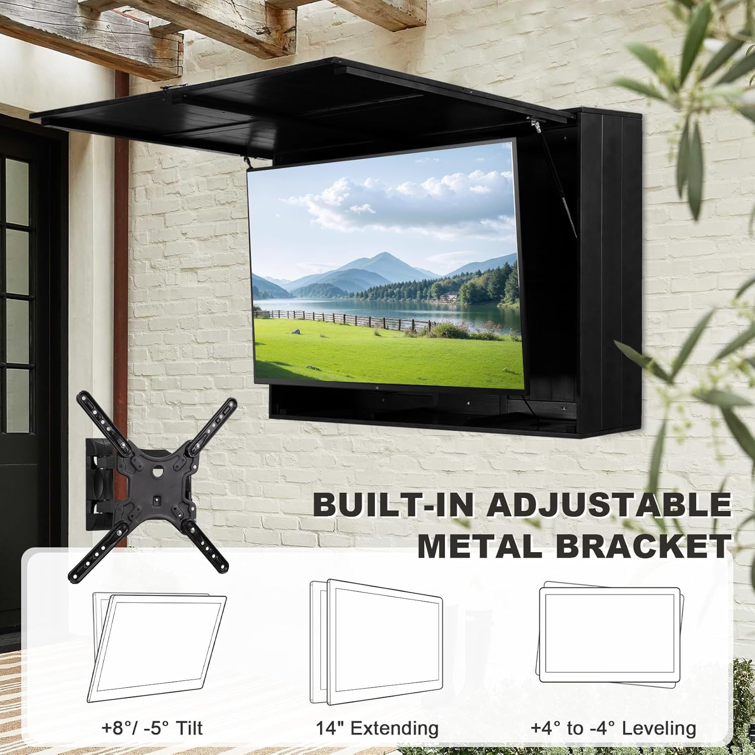 Coperat Outdoor TV Enclosure for 32‘’-55‘’TVs, Weatherproof Outdoor TV Hard Cover, Solid Wood Outdoor TV Case with TV Wall Mount Bracket, Up-Flip Door & 600D Oxford TV Cover