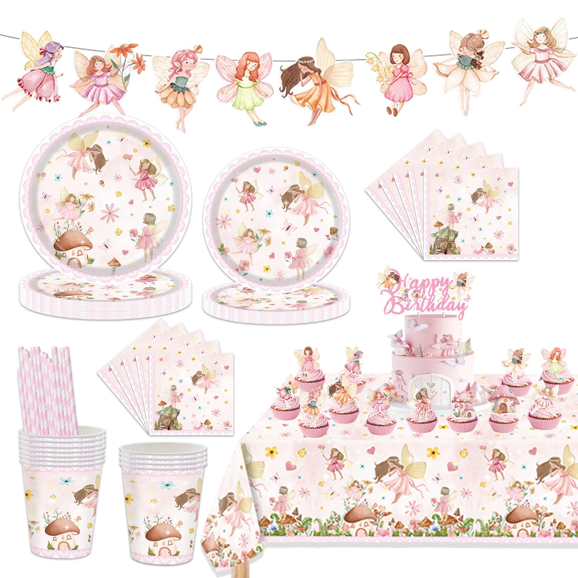 Fairy Party Tableware Set Birthday Decoration Girls - Fairy Party Tableware with Paper Plates Paper Cups Napkins Tablecloth Garland and Cake Decoration for Children's Birthday Decoration (10 Guests)