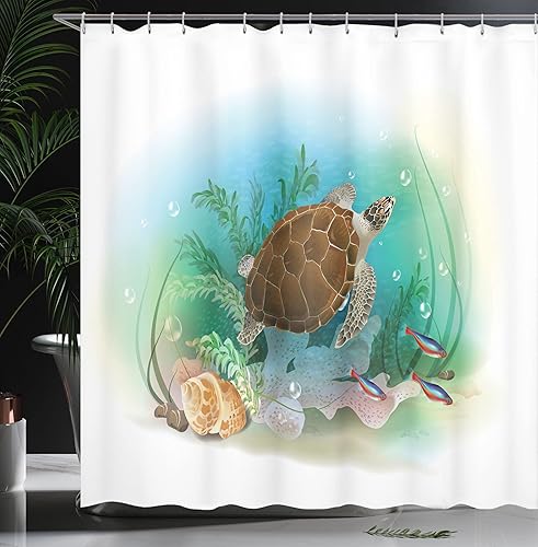 Miniatura 3 de Ambesonne Cortina de ducha con diseño de tortugas marinas que nadan en el océano tropical submarino con impresión de ilustración de acuario, juego