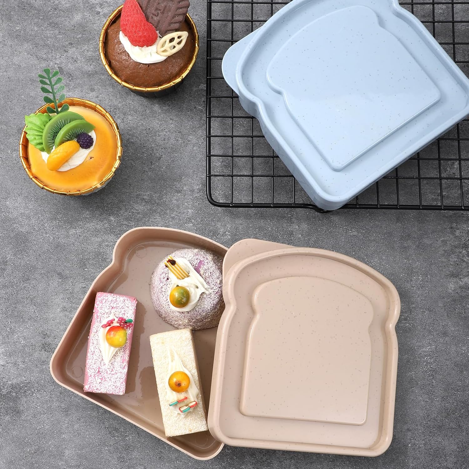 Sandwich Containers, 2 Pcs Reusable Sandwich Box Toast-Shaped Plastic Food Storage Box with Lid, Dishwasher Safe, Bread Sandwiches Holder Keeper for Adults, Office, Camping (Blue,Brown) - Image 2