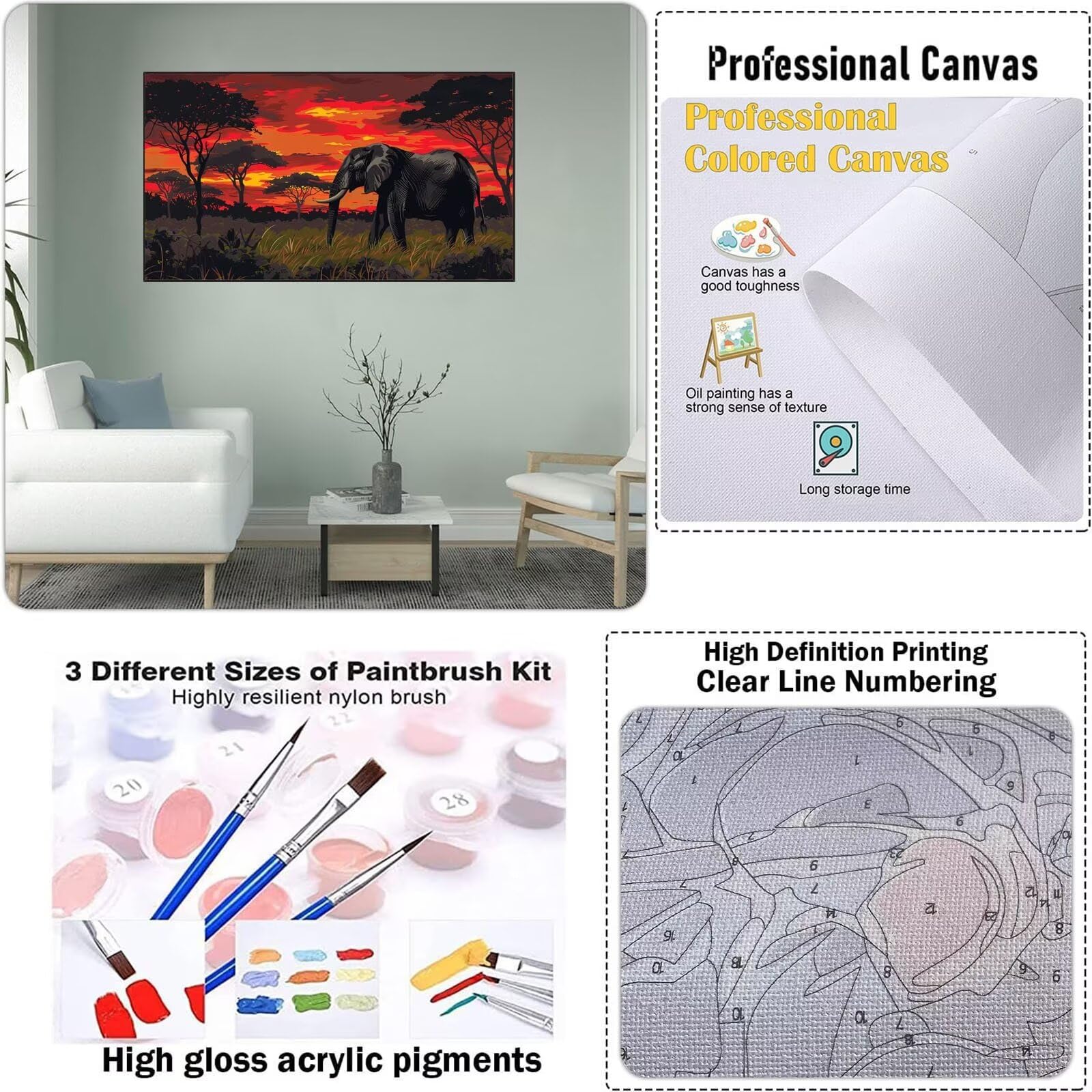 Dipingere con i Numeri Adulti, Animale Kit di Pittura Acrilica Fai-da-Te per Adulti Principianti, 160x90cm Paint by Numbers Adulti con Pennelli Pittura a Pigmento Acrilico, Senza Cornice (Elefante)
