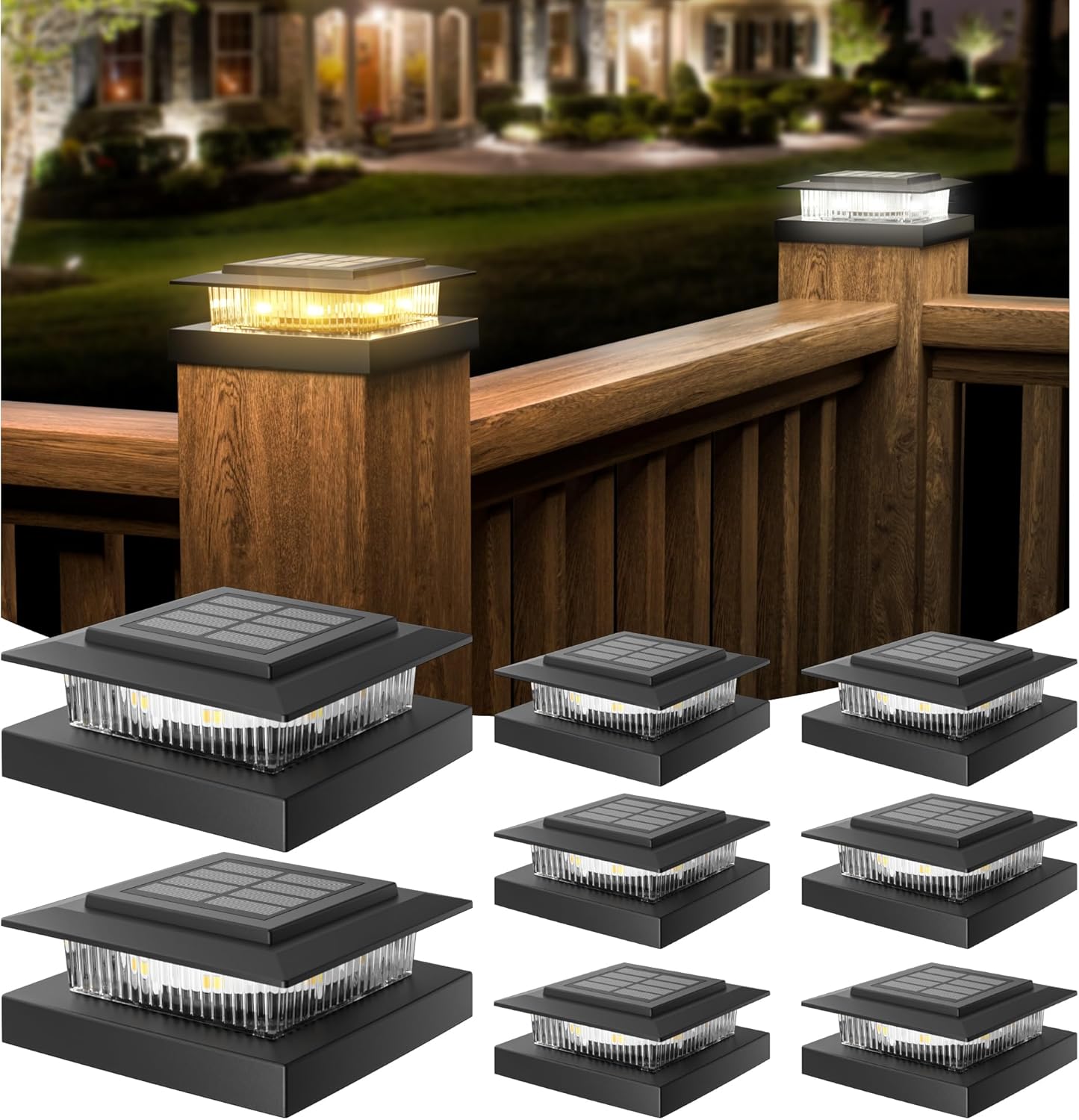 APONUO Solar Post Cap Lights for 4x4 Fence Posts, IP64 Waterproof Outdoor LED Deck Lights with 2 Modes (Warm White & Cool White), Auto On/Off Dusk to Dawn, Easy Install, Black, 8 Pack