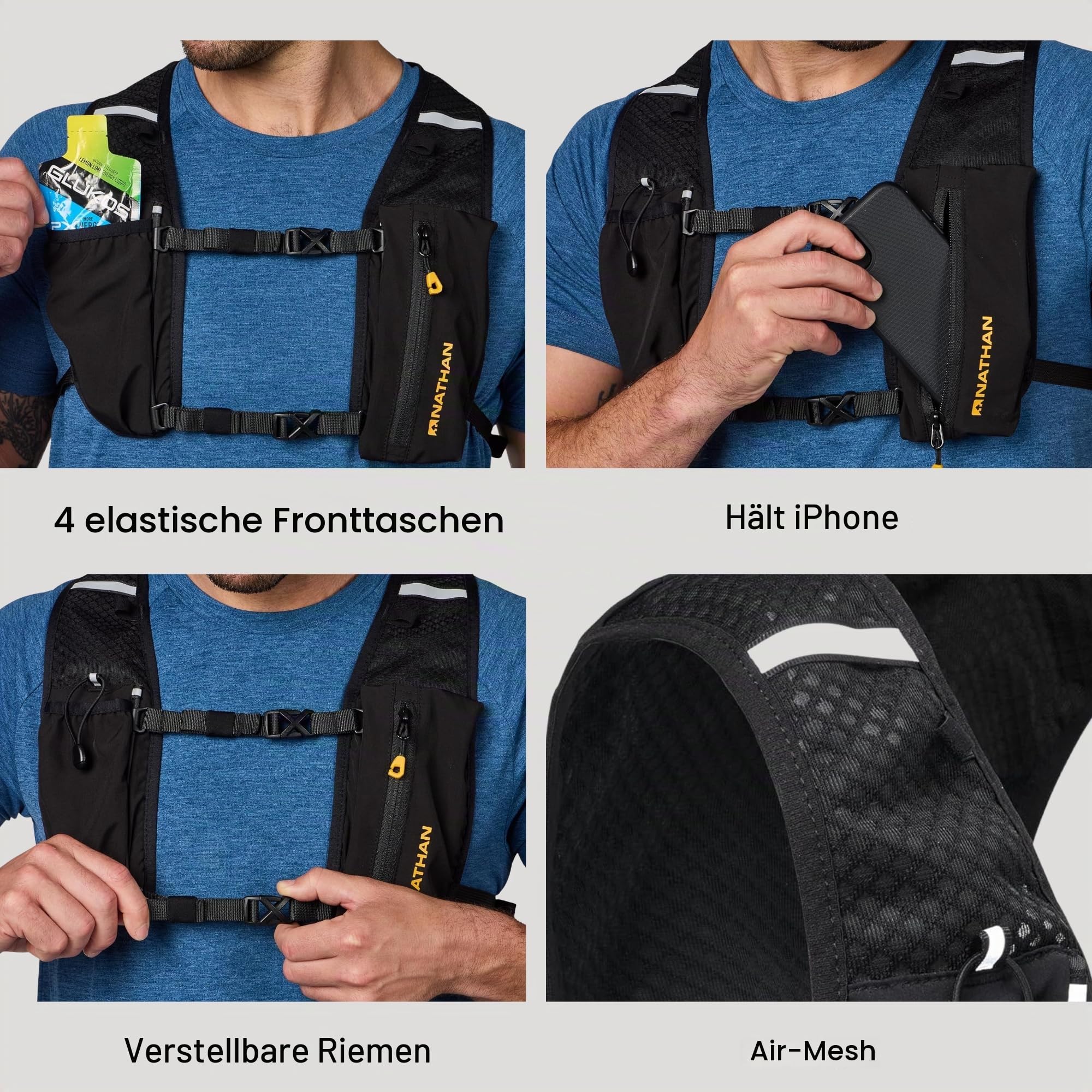 Nathan Running Hydration Vest - Leichte Laufweste für Damen & Herren - Verstellbarer Rucksack für Marathons - Reflektierender Trinkrucksack - OSFM - Schwarz