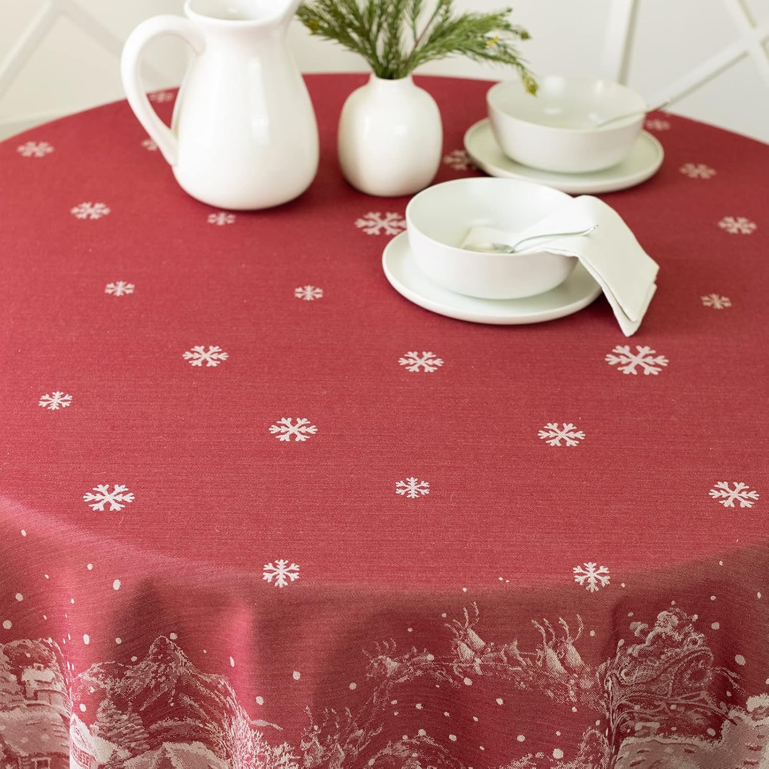 Benson Mills Engineered Jacquard Heavyweight Fabric Table Cloth, Holiday, Winter, and Christmas Tablecloth (Christmas Story, 70" Round)