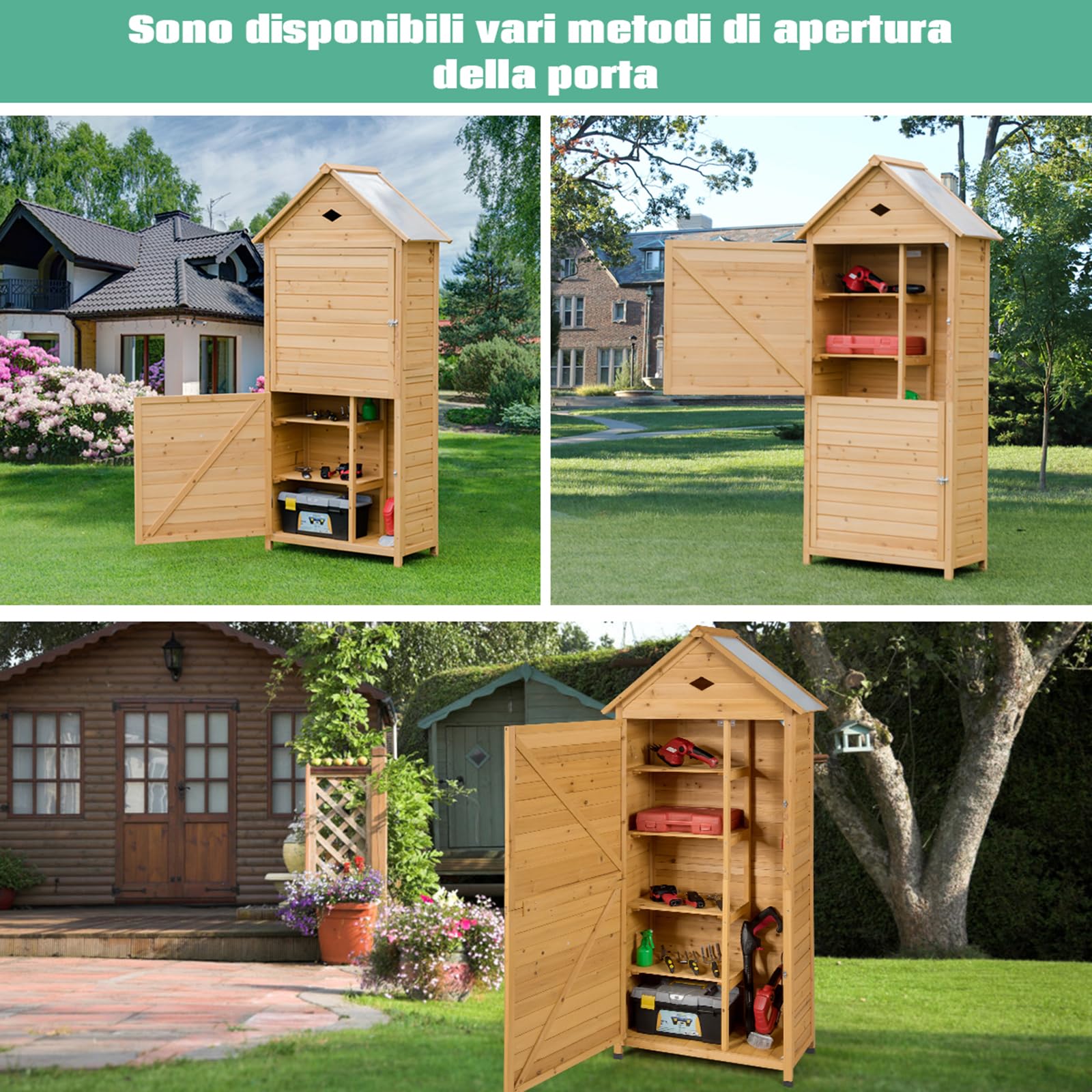 COSTWAY Armadio da Esterno, Casetta da Giardino in Legno con Tetto Galvanizzato Impermeabile, Mensole e Chiusura a Chiave, Ripostiglio da Balcone, Cortile e Giardino (80 x 45 x 177 cm)