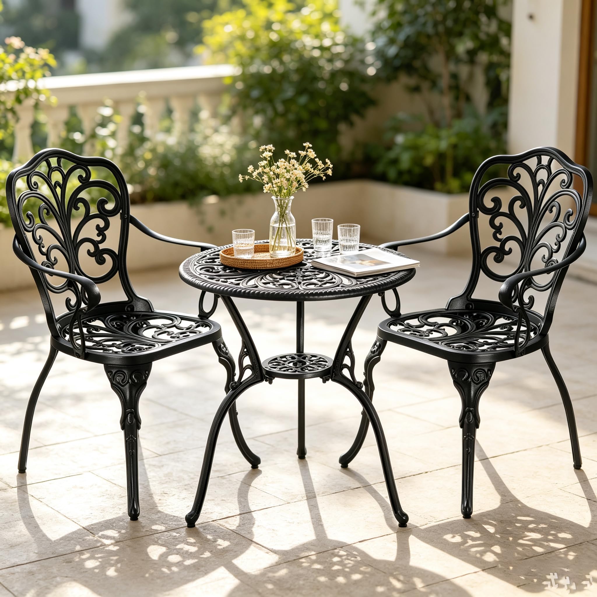 PATIO-IN Outdoor Bistro Table and Chairs Set of 2, Outdoor Bistro Set 3 Piece with Umbrella Hole, Black Patio Bistro Sets Cast Aluminum for Balcony Porch Yard