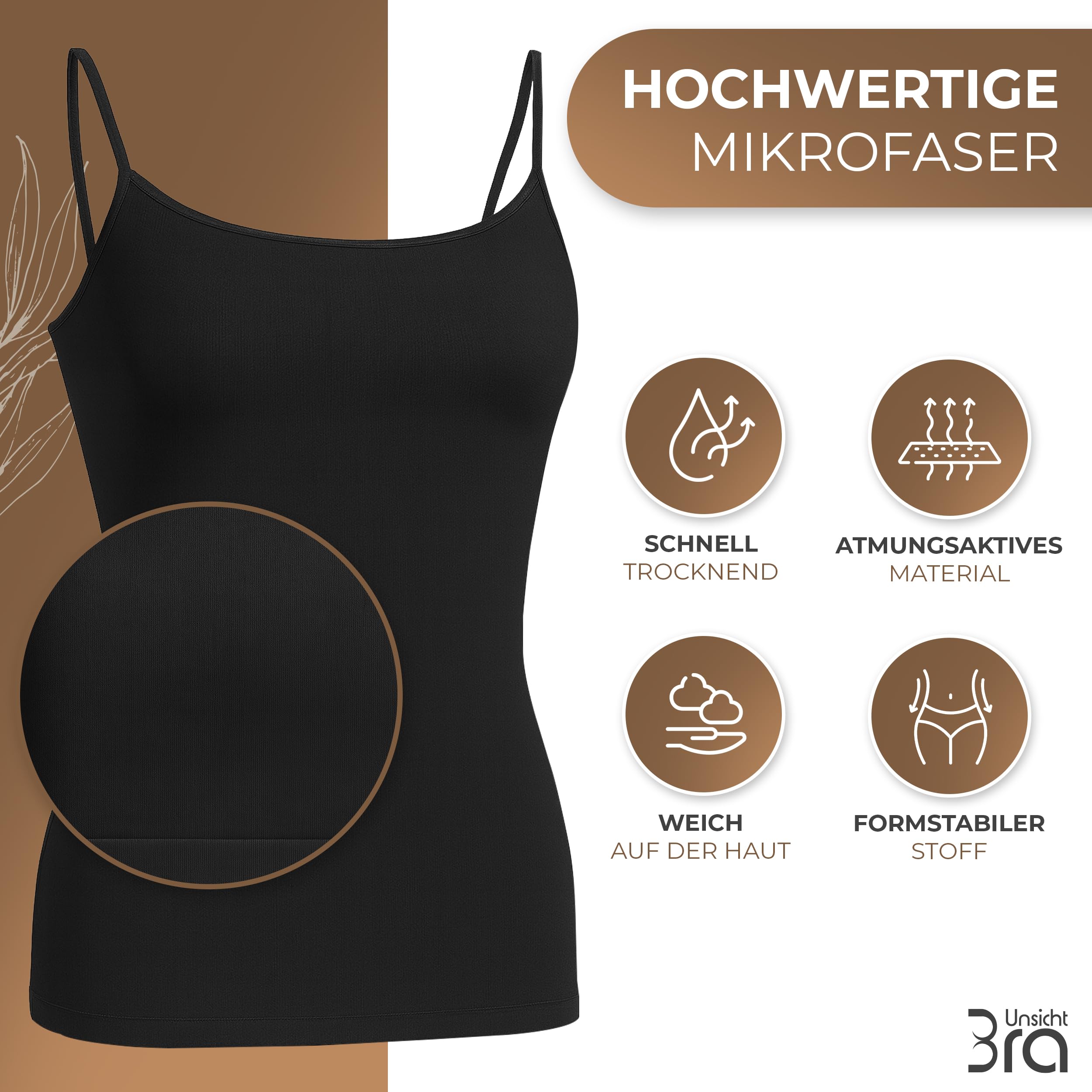 UnsichtBra 3er Pack Damen Shape Unterhemden | Spaghettiträger Basic Top Unterhemd | Mikrofaser Spaghetti Tops ohne Bügel | Weiss Schwarz Beige