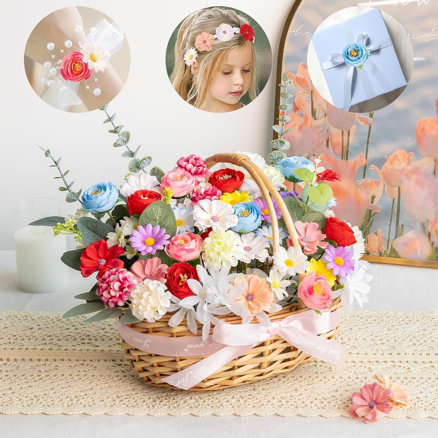 Fake Flower Heads for Crafts, 66PCS Mini Artificial Flowers Bulk, Small Silk Daisy Rose Sunflower Faux Floral Heads for DIY Hair Clips, Wedding Cake, Graduation Cap, Wreath & Party Decoration