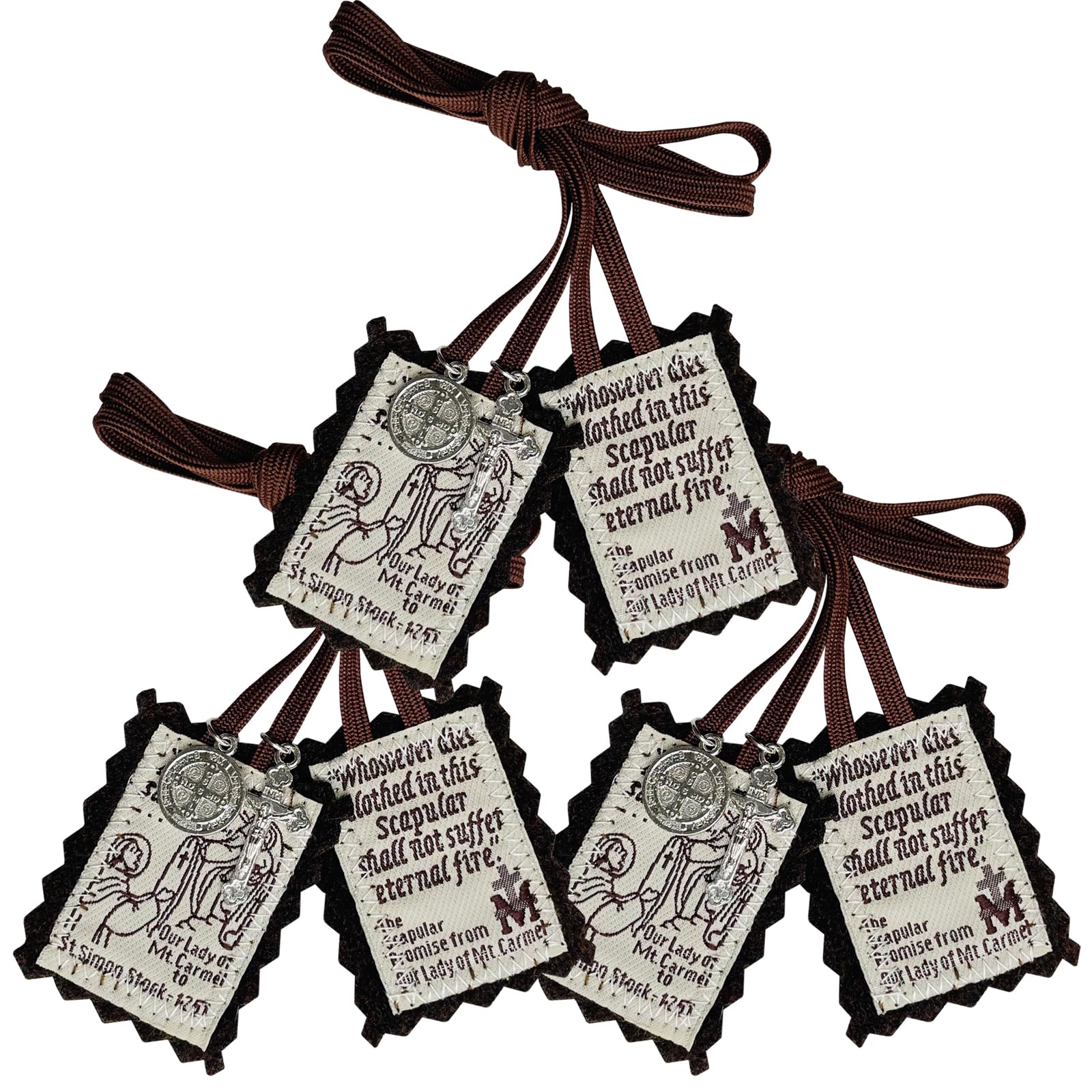 Brown Scapular, 3 Pack Bulk Scapulars Catholic Of Our Lady Of Mount Carmel, Escapularios Catolicos Religious Necklaces Gift With St Benedict Medal Crucifix Home Blessing Door Hanger,Catholic Decor