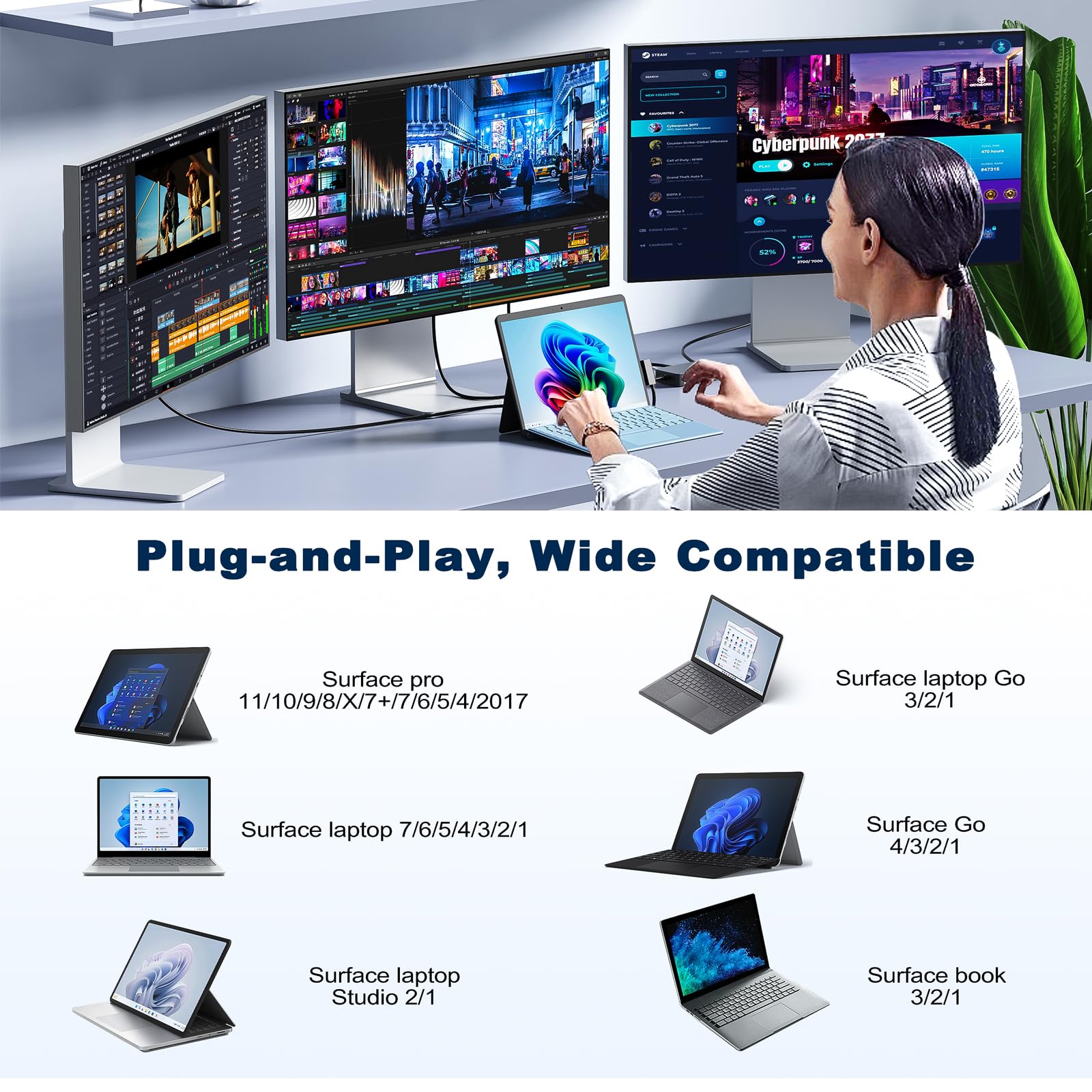Neues Micro-soft Surface Dock 2 mit 120W Netzteil,12in1 Surface Docking Station Triple Displays mit 4K@60Hz HDMI+USB C+DP für Surface Pro 11/10/9/8/X/7/6/5/4/3, Surface Laptop 7/6/5/4/3/2/1,Surface Go