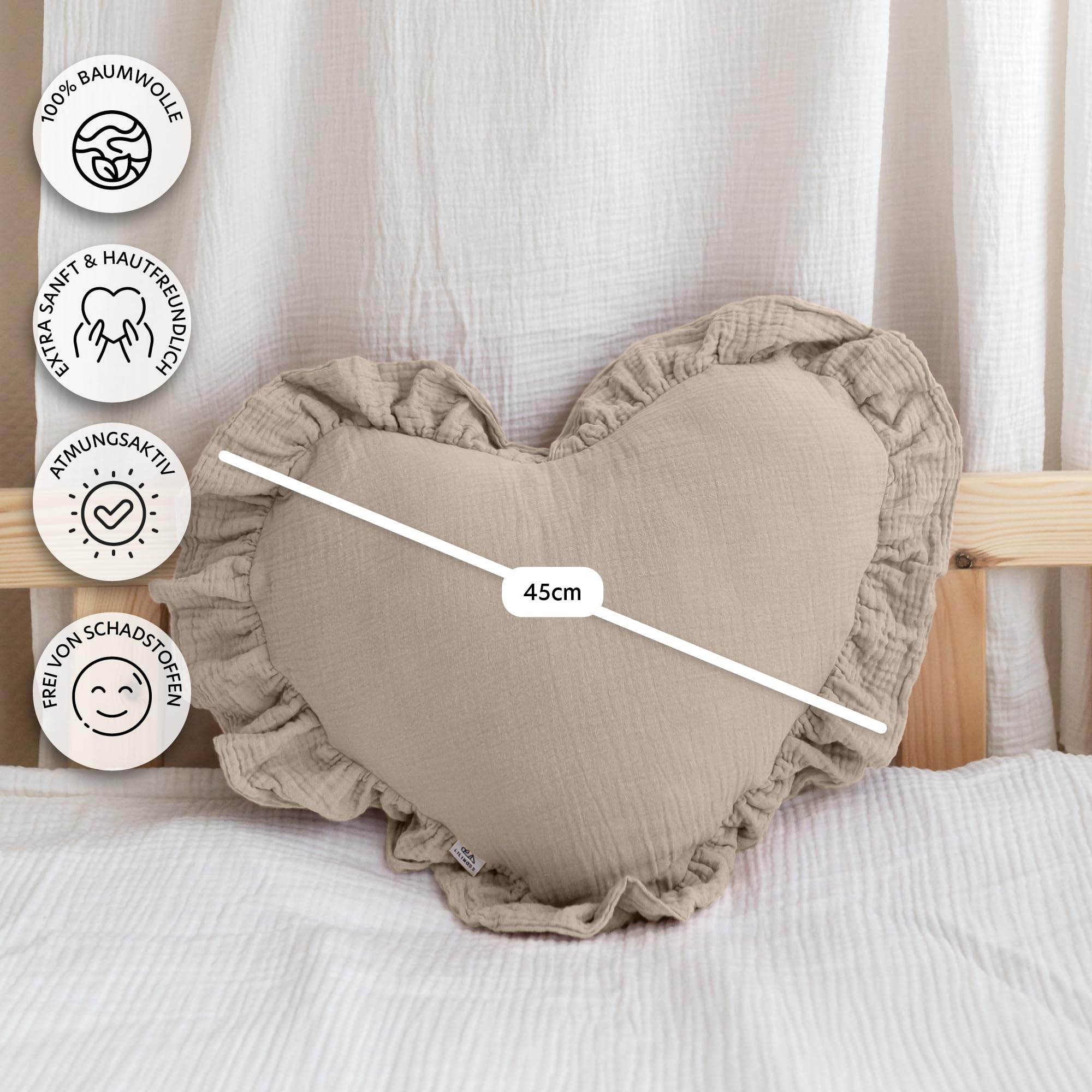 Dekokissen Kinderzimmer [Kuschel Kissen in Herz- & Sternform] - Kuschelkissen Kinder aus 100% Musselin-Baumwolle - handgenäht & weich in 12 Farben - Herzkissen Sternkissen Deko fürs Kinderbett