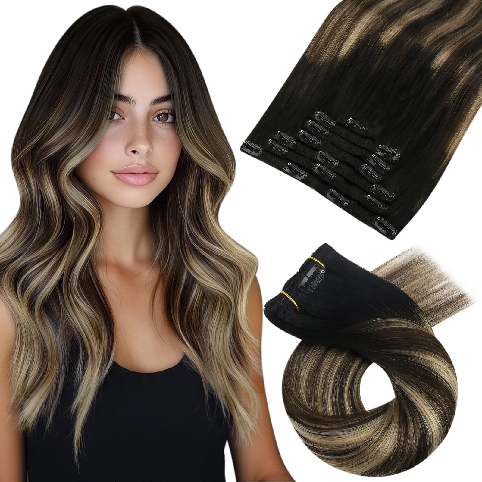 Moresoo Clip in Hair Extensions Real Human Hair Balayage Hair Extensions Clip in Natural Black to Dark Brown with Caramel Blonde Human Hair 22 Inch 7 Pieces/120g #1B/3/27