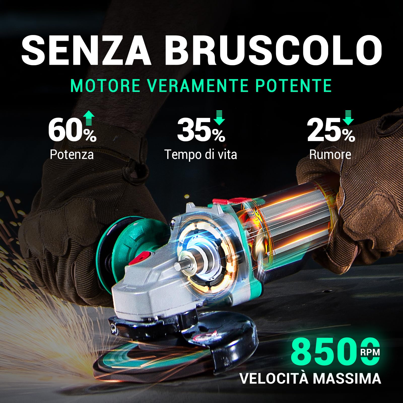 DCA Smerigliatrice Angolare a Batteria Brushless 20V, Ø125mm, incl. Batteria 4.0Ah & Caricabatterie Rapido, 8500 giri/min. con Coperchio a Sgancio Rapido, 6 Dischi per Taglio, Smerigliatura